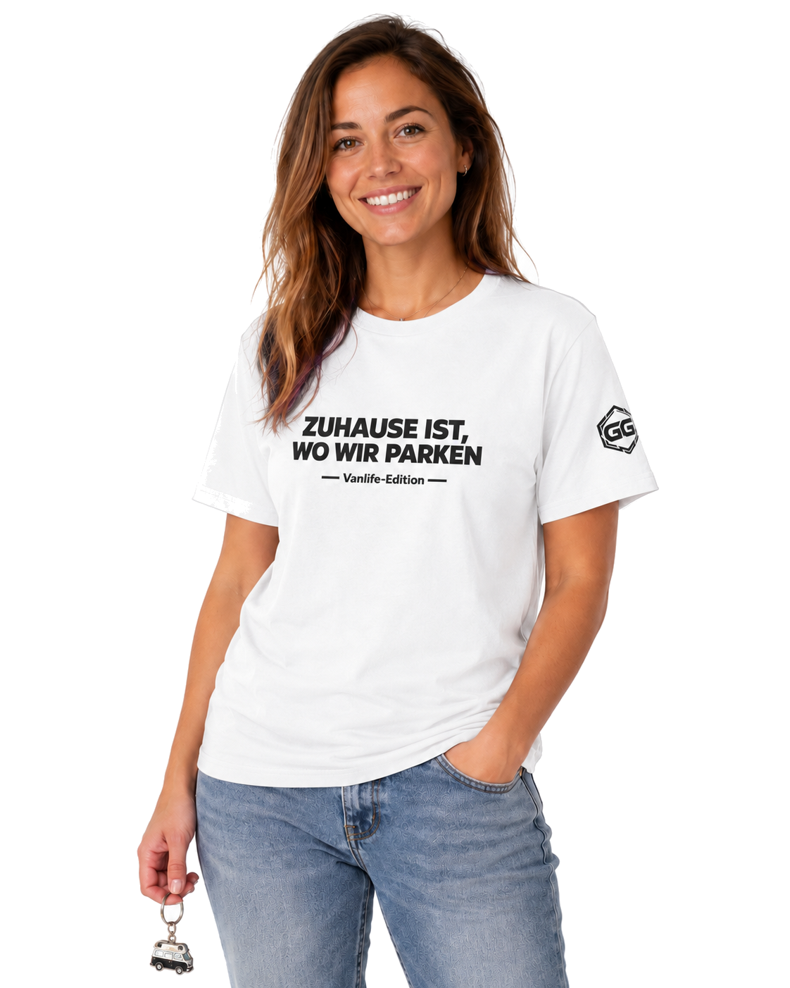 model:0:f | Home Is Where We Park T-Shirt — Vanlife Edition – Model photo in White – Woman
