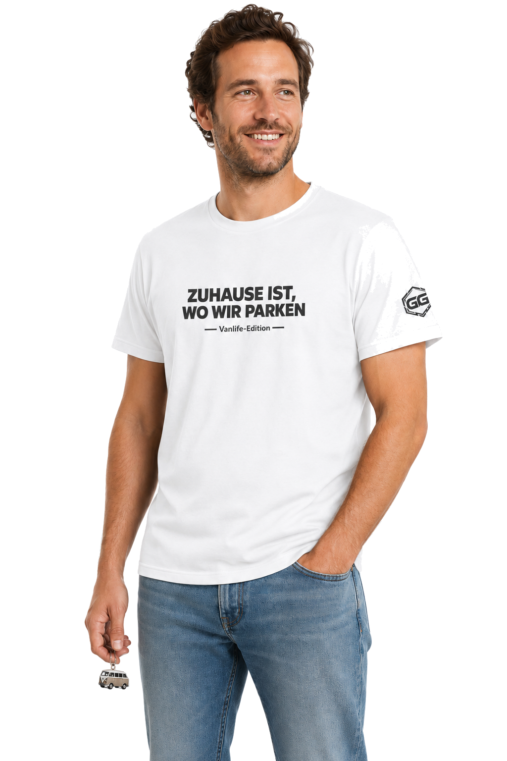 model:0:m | Home Is Where We Park T-Shirt — Vanlife Edition – Model photo in White – Man