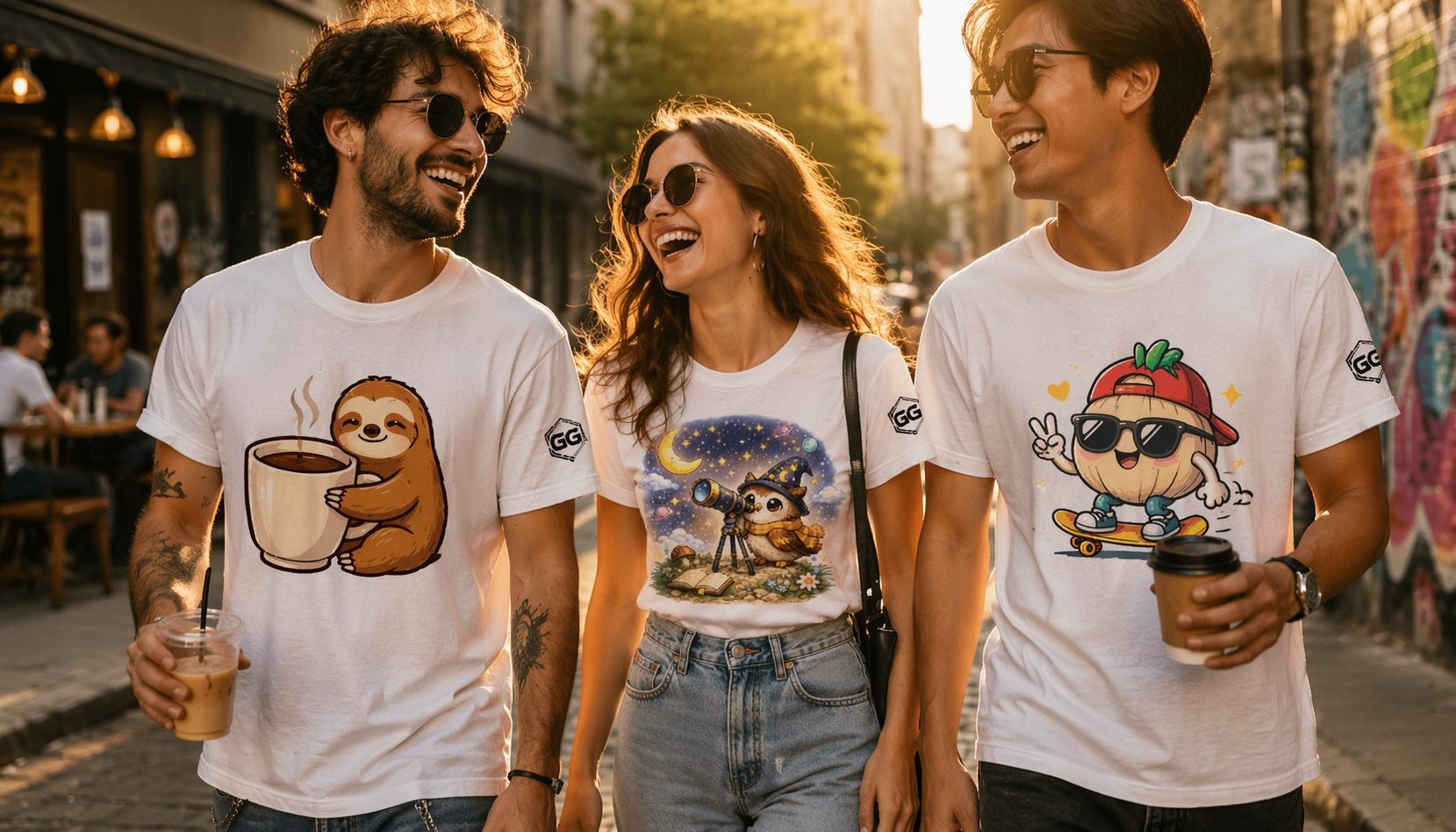 Garlik Goods banner - friends on urban street wearing kawaii t-shirts