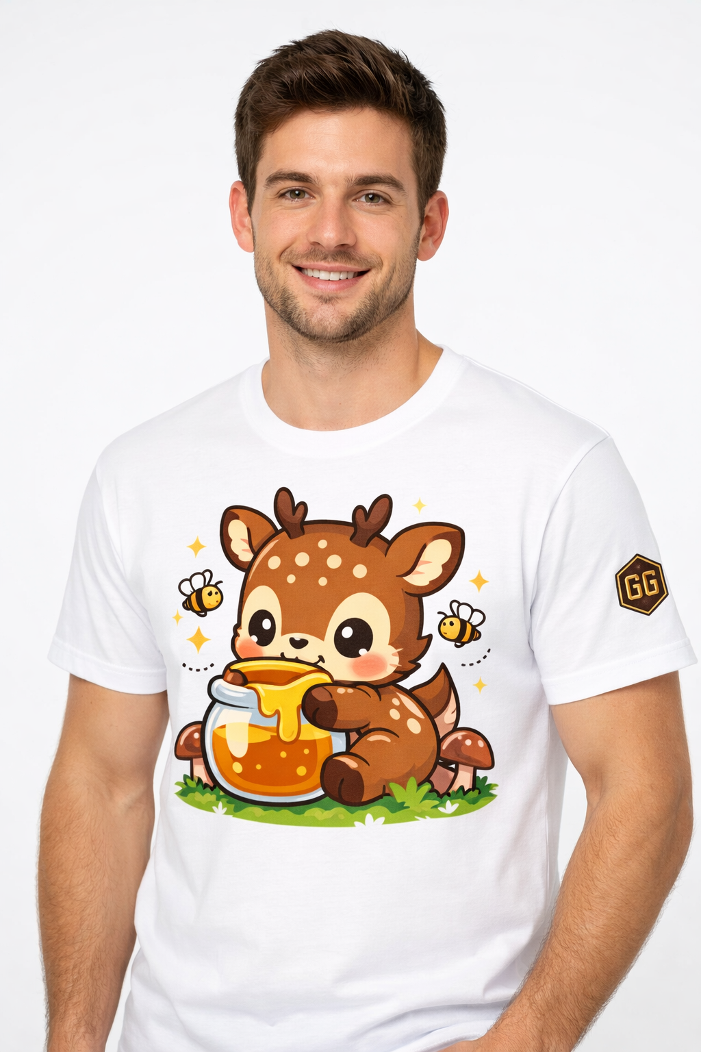 model:0:m | Deer in the Forest T-Shirt – Modelfoto in Weiß – Mann