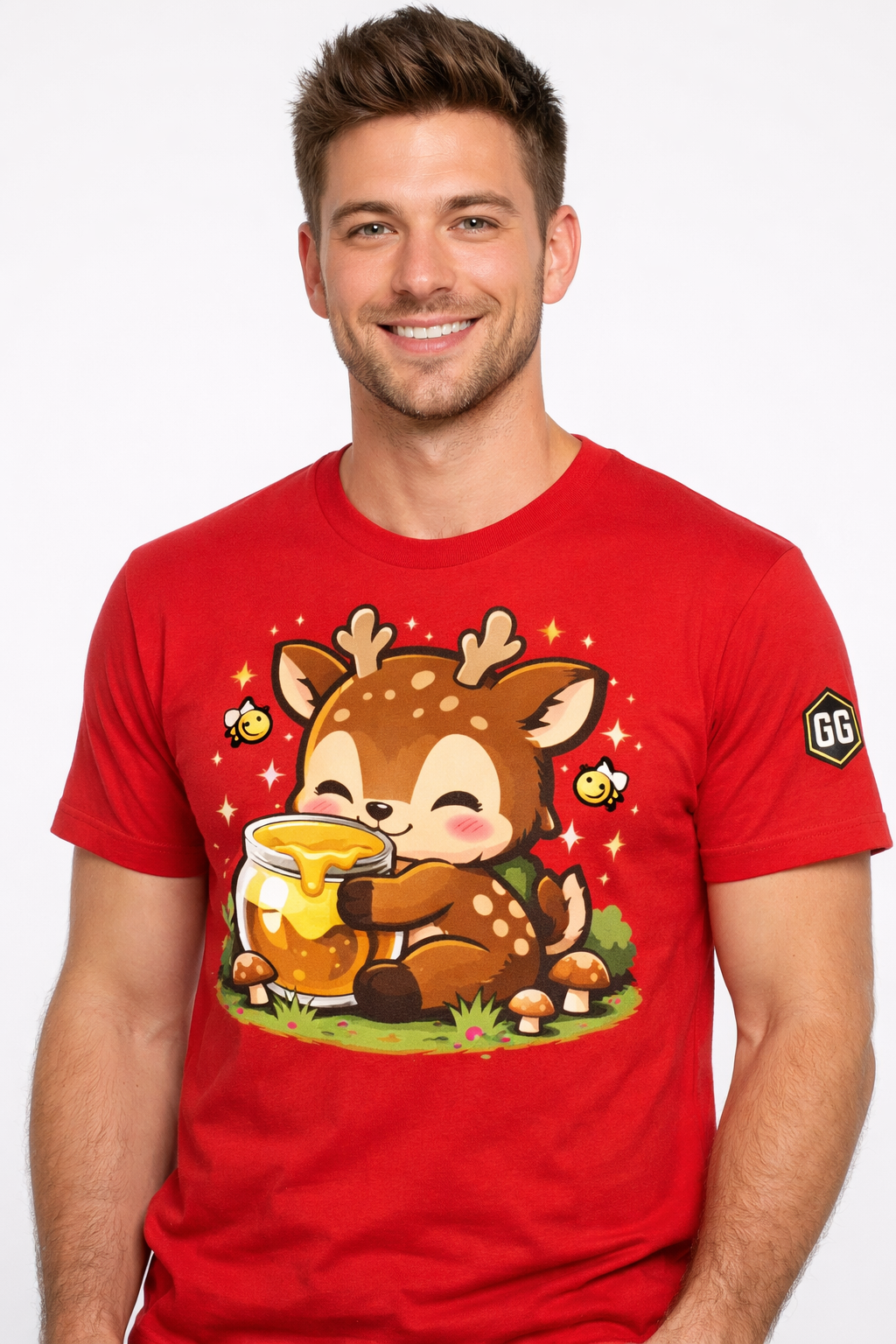model:10:m | Deer in the Forest T-Shirt – Modelfoto in Rot – Mann