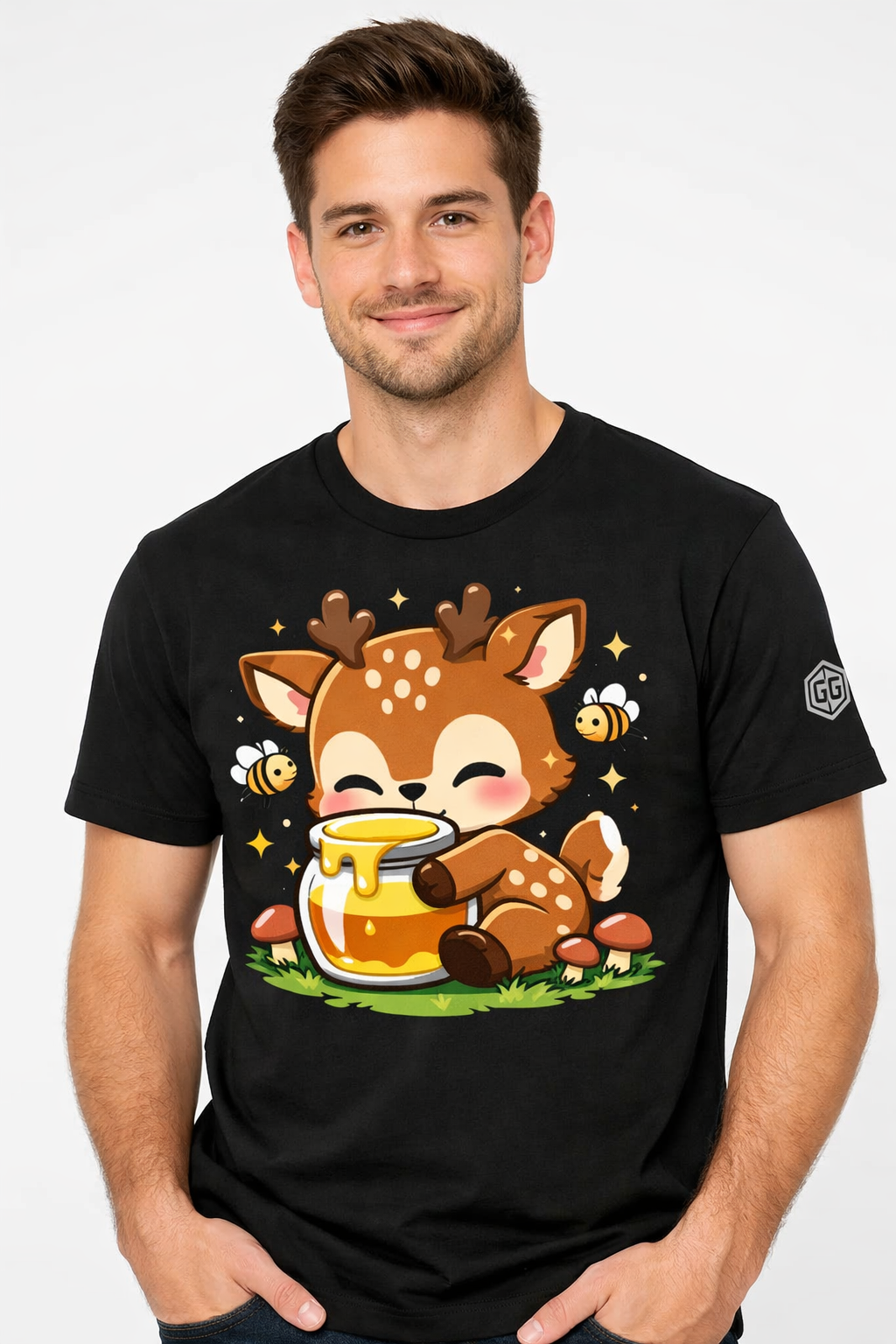 model:1:m | Deer in the Forest T-Shirt – Modelfoto in Schwarz – Mann