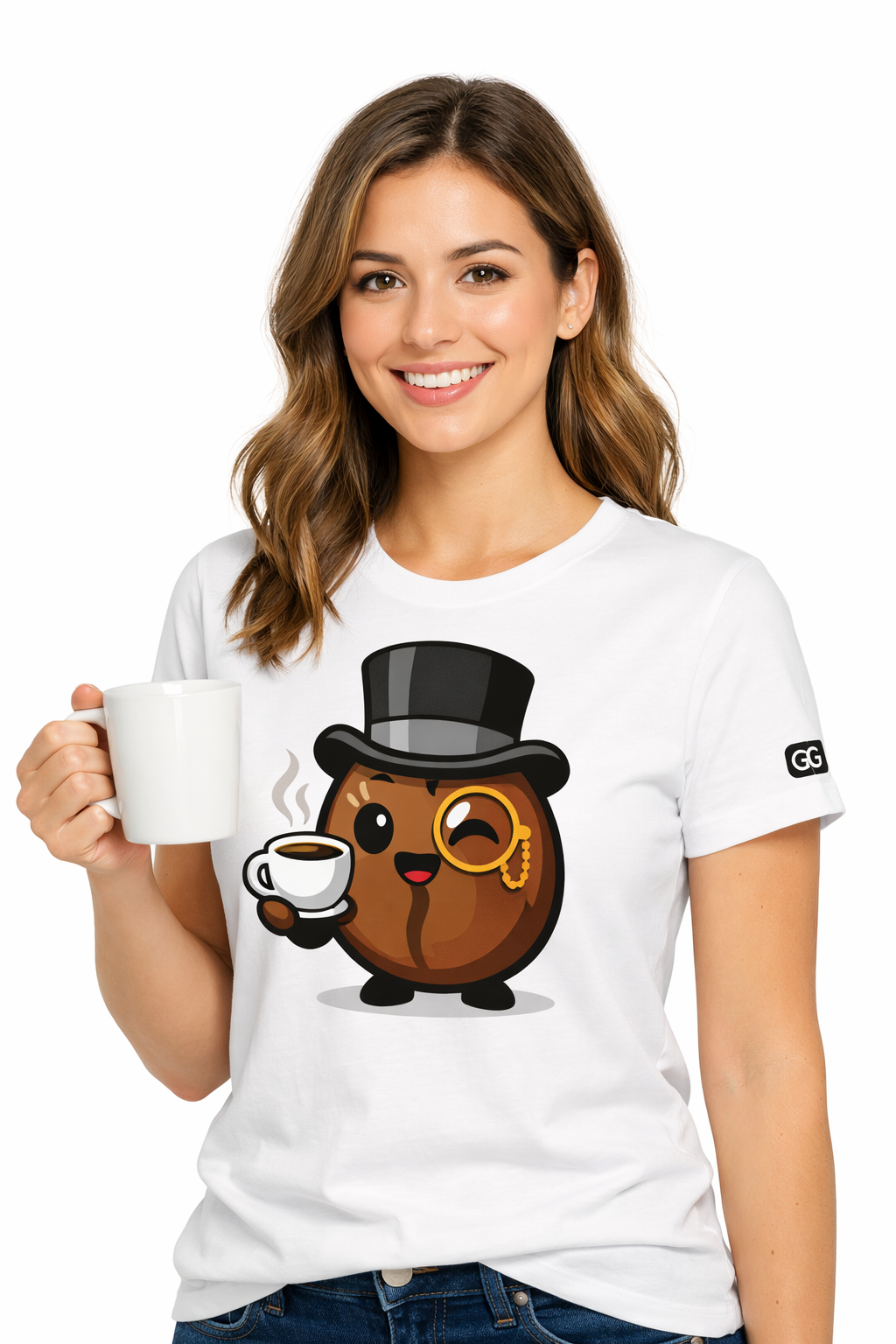 model:0:f | Kaffee-Snob T-Shirt – Modelfoto in Weiß – Frau