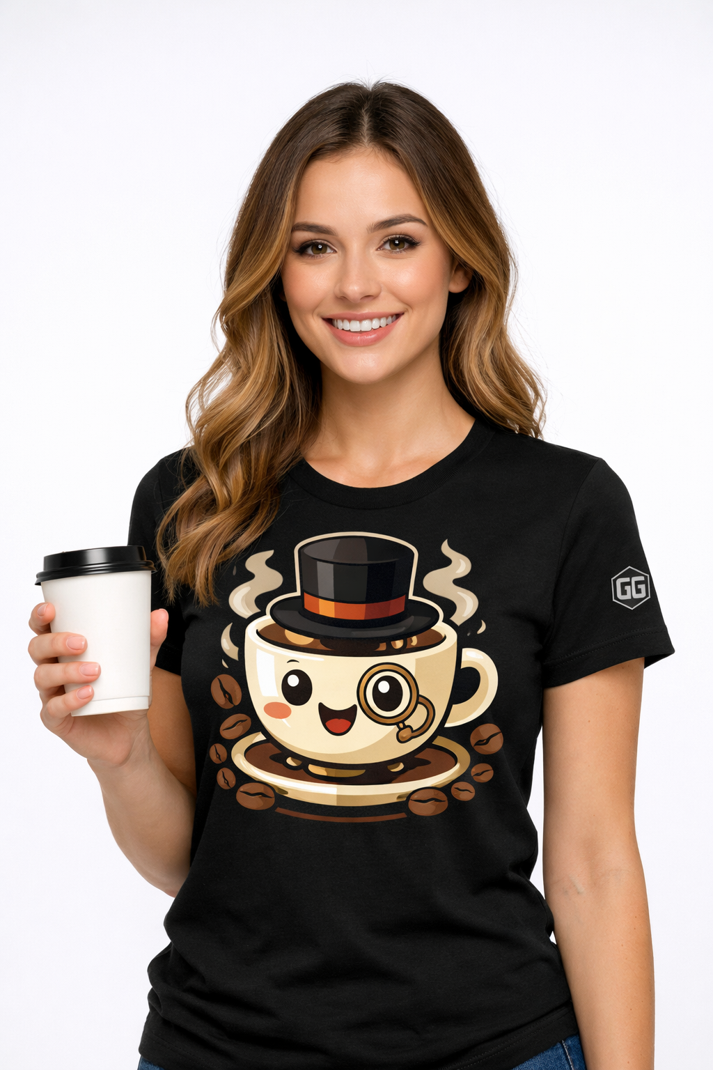 model:1:f | Kaffee-Snob T-Shirt – Modelfoto in Schwarz – Frau