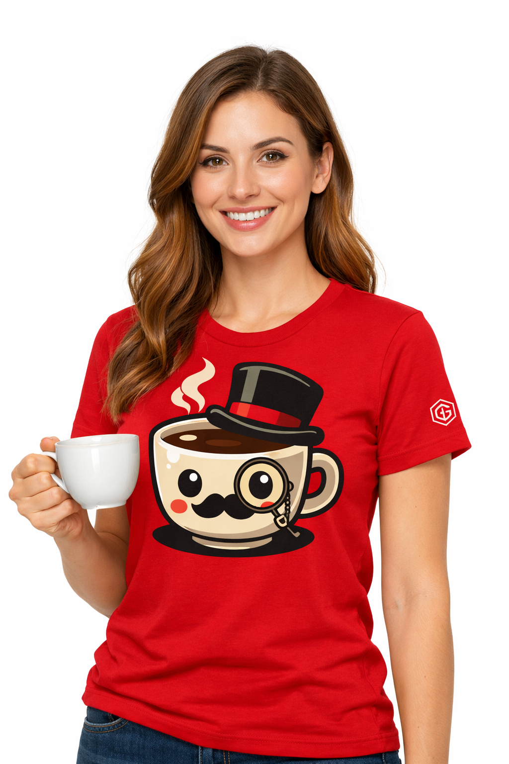 model:10:f | Kaffee-Snob T-Shirt – Modelfoto in Rot – Frau