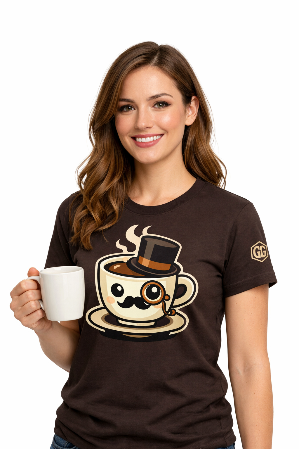 model:3:f | Kaffee-Snob T-Shirt – Modelfoto in Dunkelbraun – Frau