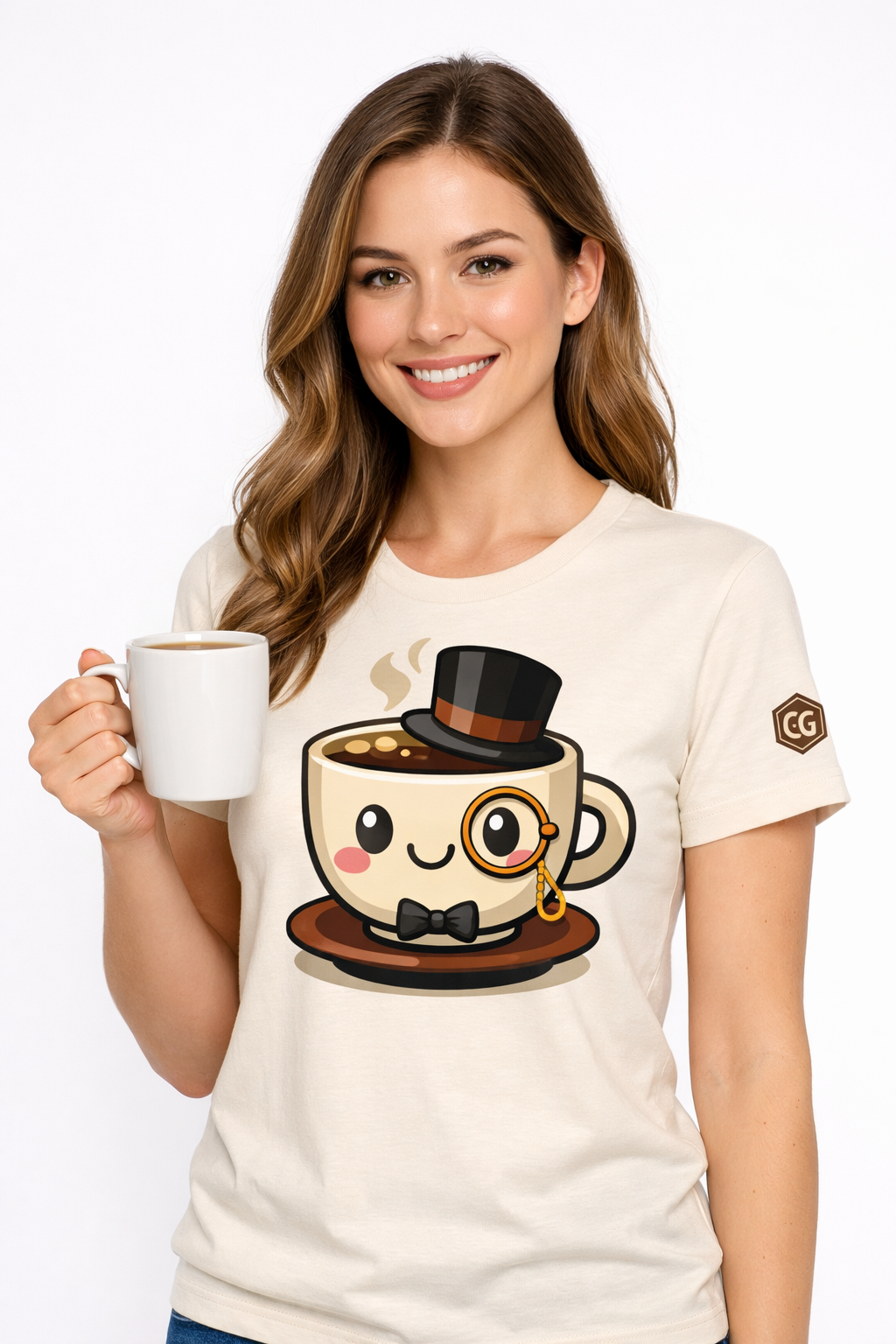 model:4:f | Kaffee-Snob T-Shirt – Modelfoto in Natur – Frau
