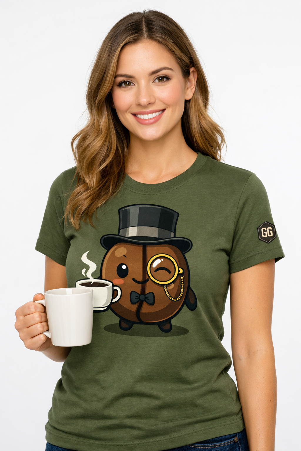 model:5:f | Kaffee-Snob T-Shirt – Modelfoto in Militärgrün – Frau