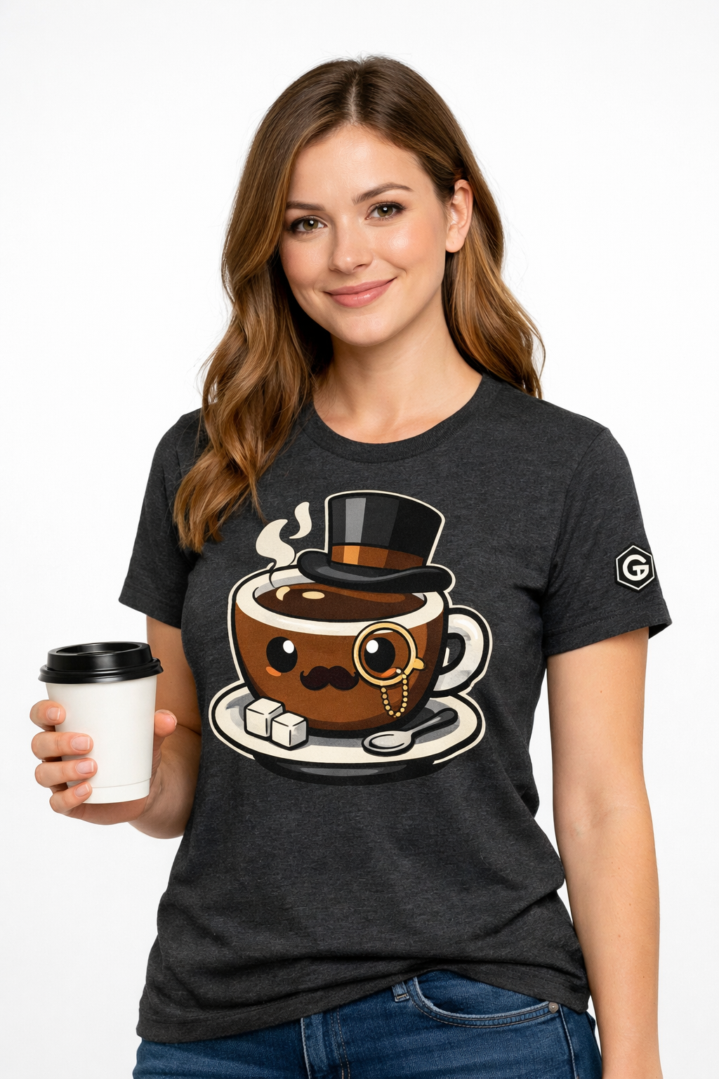 model:6:f | Kaffee-Snob T-Shirt – Modelfoto in Dunkelmeliert – Frau