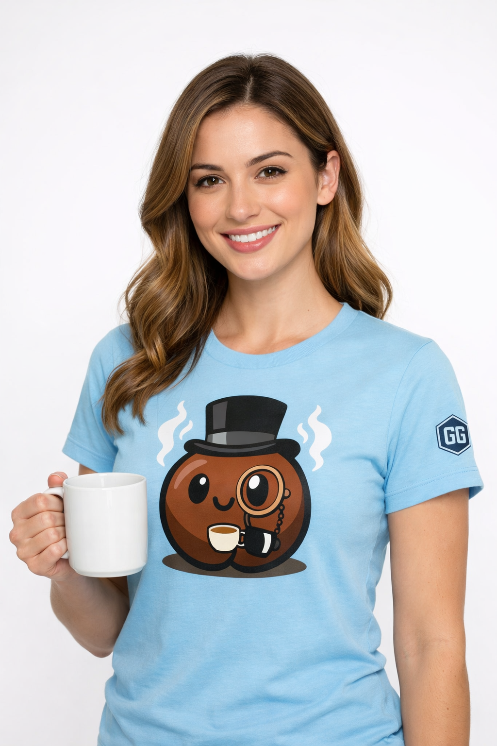 model:7:f | Kaffee-Snob T-Shirt – Modelfoto in Hellblau – Frau
