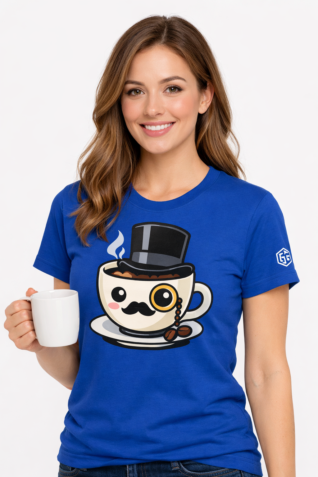 model:8:f | Kaffee-Snob T-Shirt – Modelfoto in Royalblau – Frau