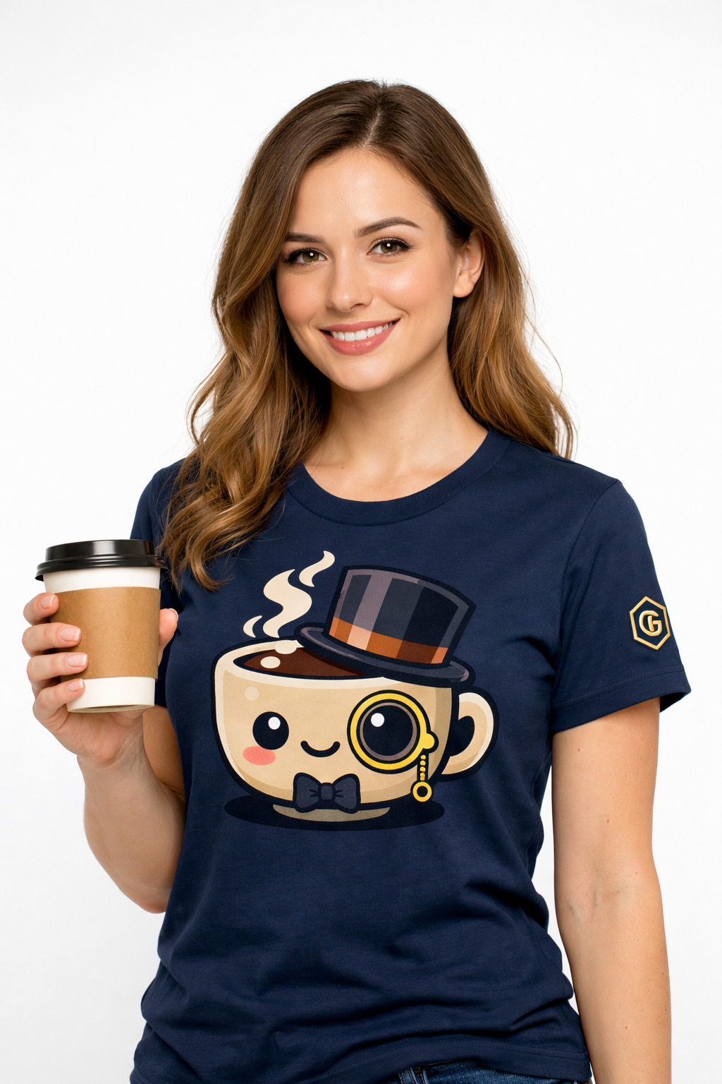 model:9:f | Kaffee-Snob T-Shirt – Modelfoto in Navy – Frau