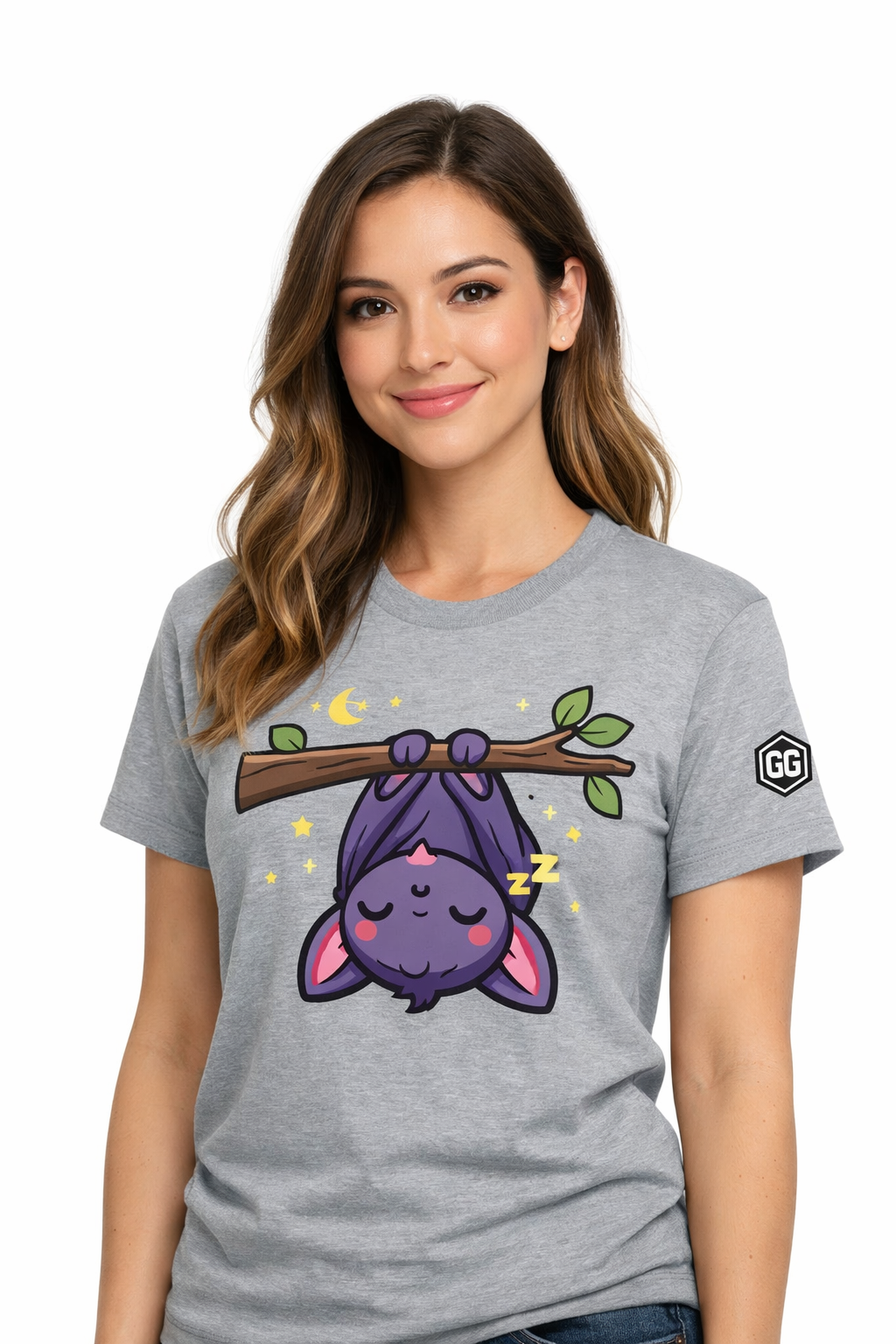 model:2:f | Kawaii Bat T-Shirt – Modelfoto in Sportgrau – Frau