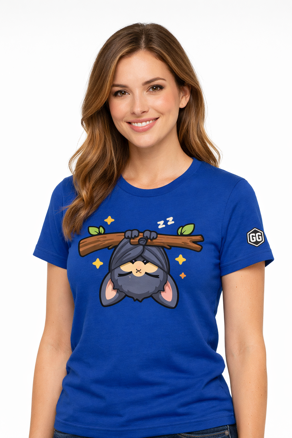 model:8:f | Kawaii Bat T-Shirt – Modelfoto in Royalblau – Frau