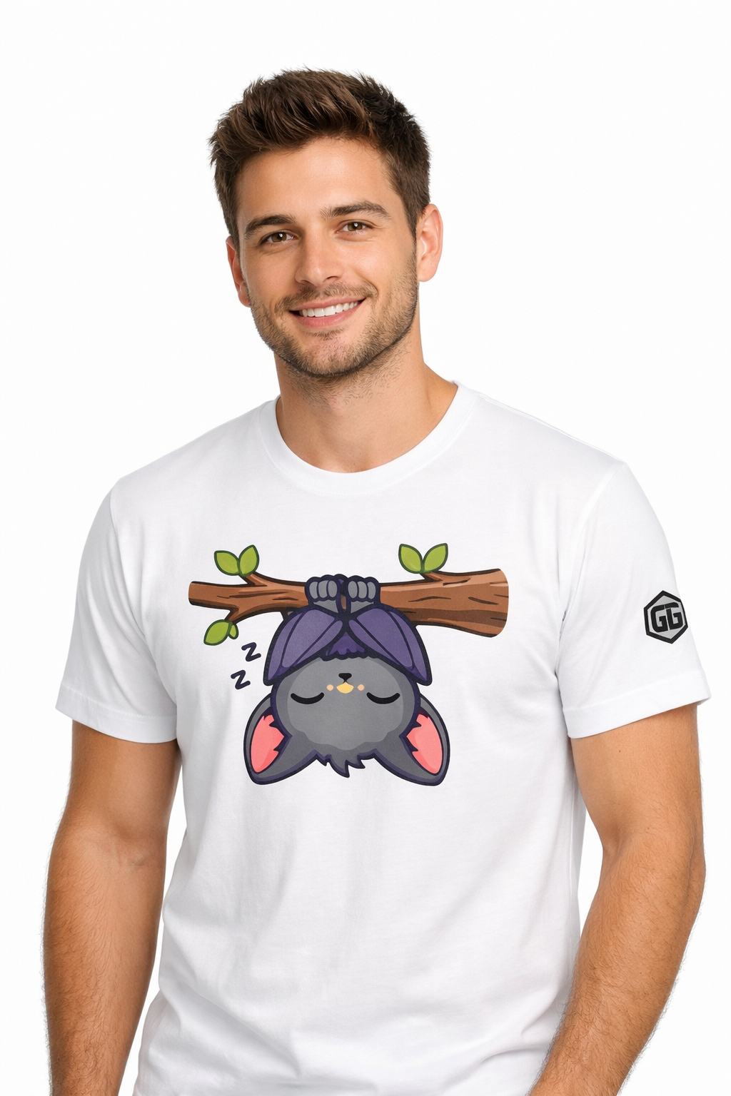 model:0:m | Kawaii Bat T-Shirt – Modelfoto in Weiß – Mann