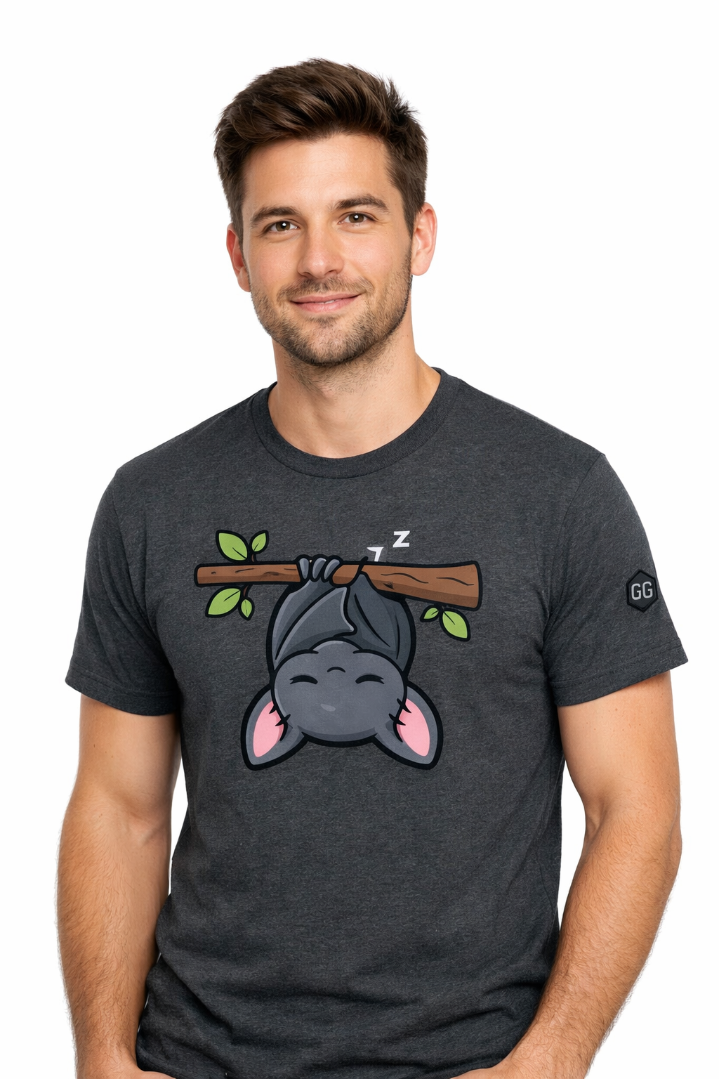 model:6:m | Kawaii Bat T-Shirt – Modelfoto in Dunkelmeliert – Mann