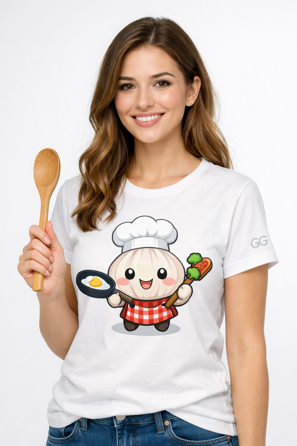 model:0:f | Garlic Chef T-Shirt – Modelfoto in Weiß – Frau