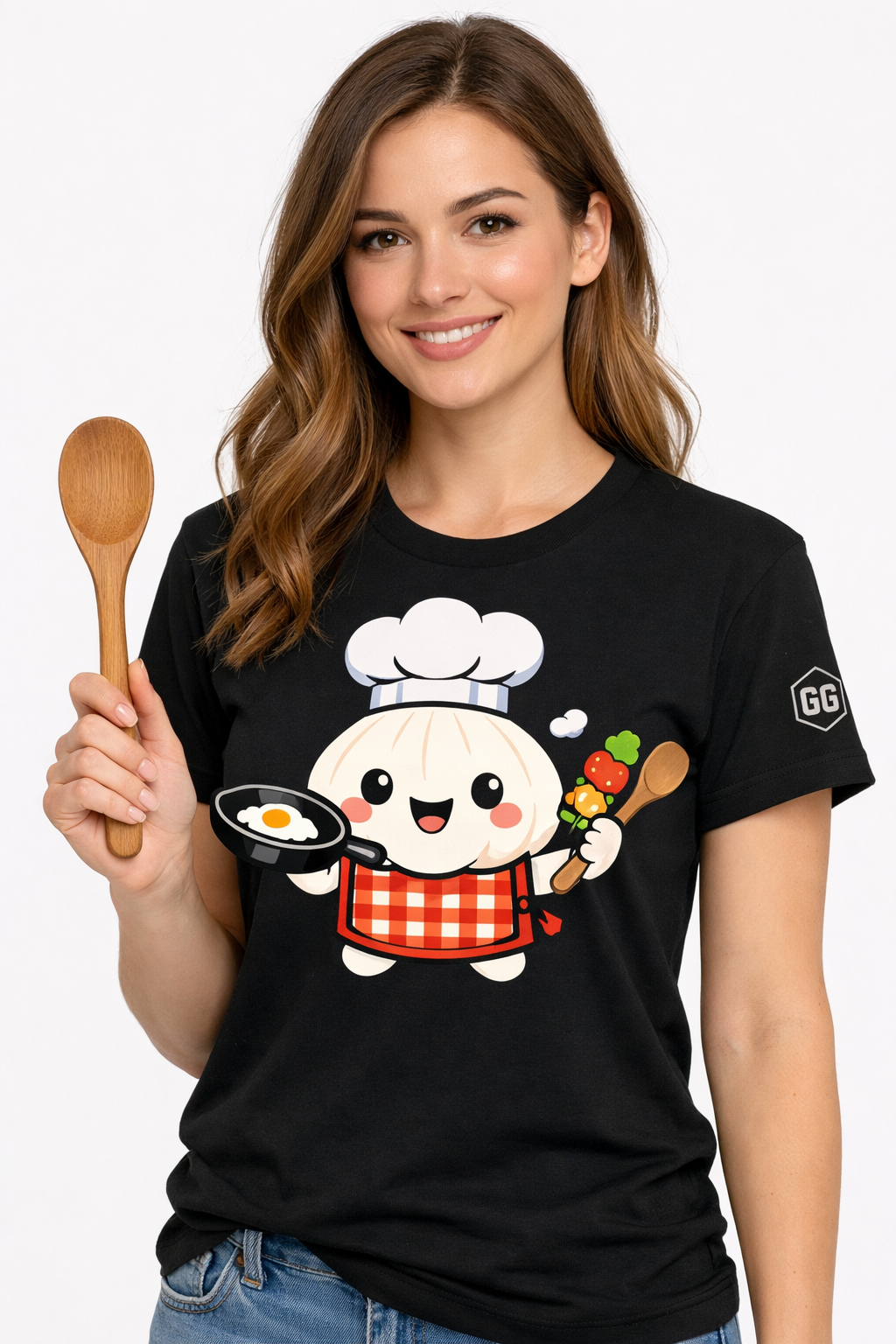 model:1:f | Garlic Chef T-Shirt – Modelfoto in Schwarz – Frau