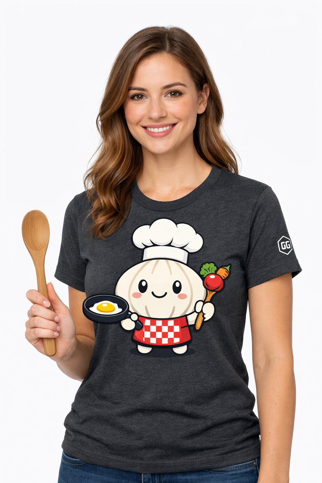 model:6:f | Garlic Chef T-Shirt – Modelfoto in Dunkelmeliert – Frau