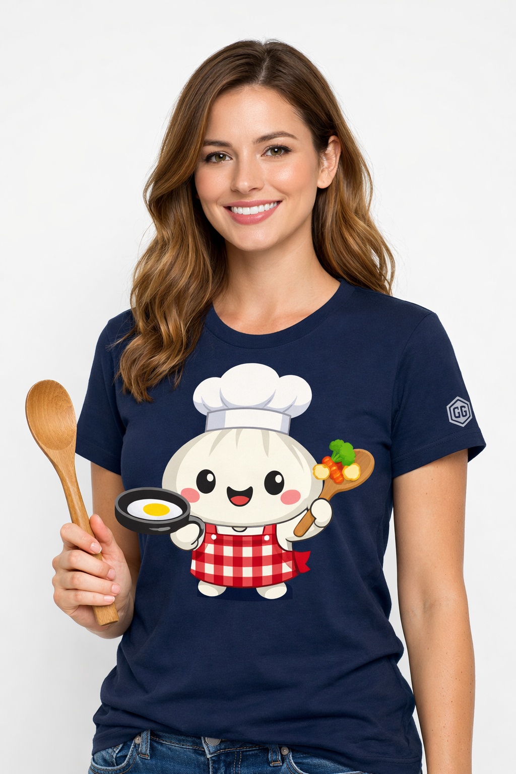 model:9:f | Garlic Chef T-Shirt – Modelfoto in Navy – Frau