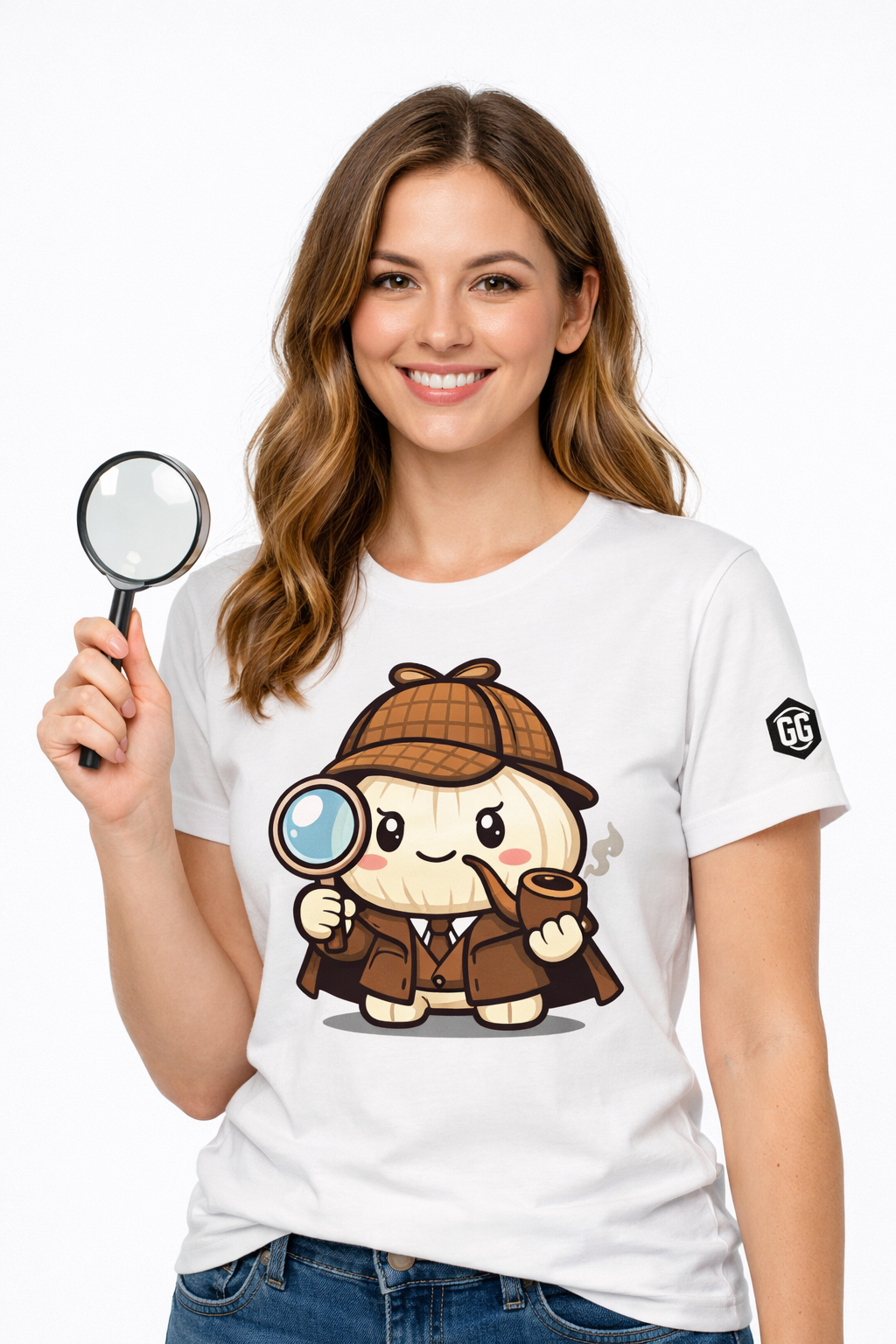 model:0:f | Garlic Detective T-Shirt – Modelfoto in Weiß – Frau