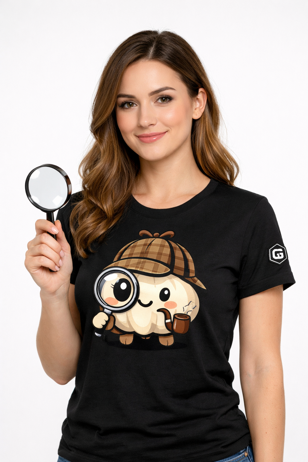 model:1:f | Garlic Detective T-Shirt – Modelfoto in Schwarz – Frau