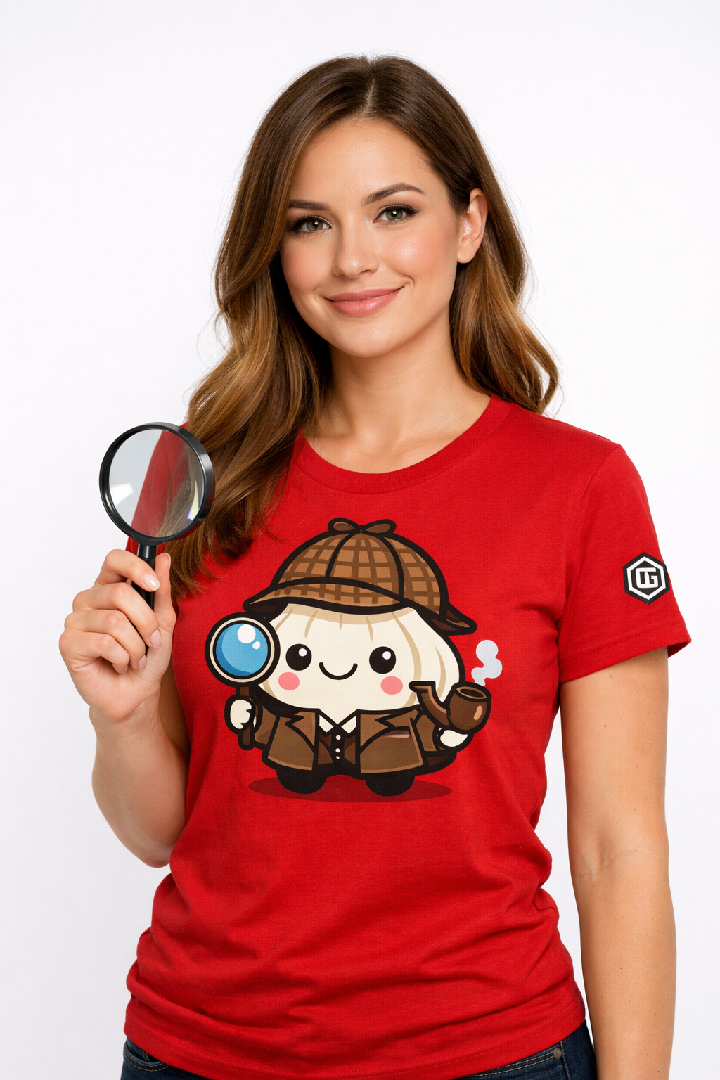model:10:f | Garlic Detective T-Shirt – Modelfoto in Rot – Frau
