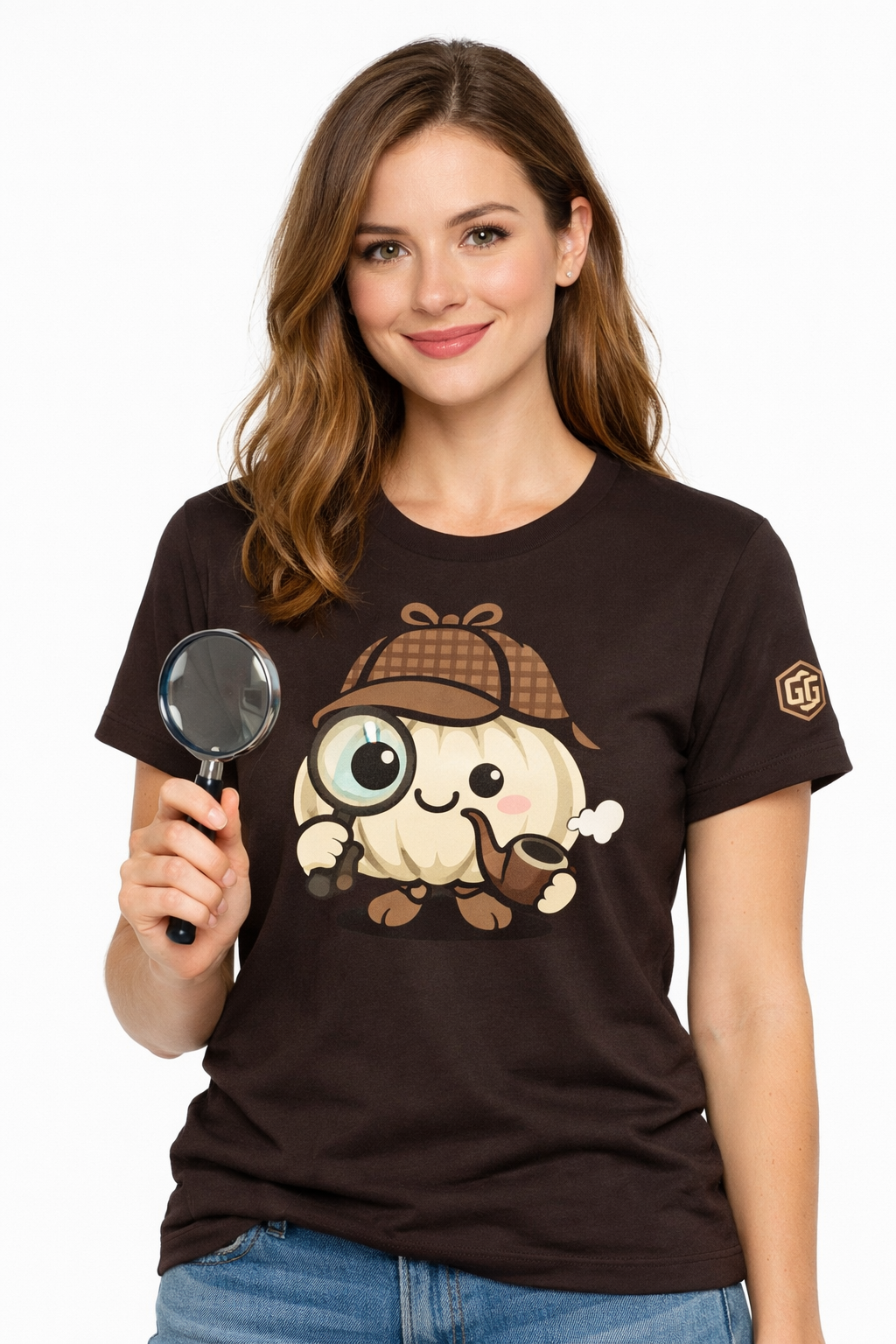 model:3:f | Garlic Detective T-Shirt – Modelfoto in Dunkelbraun – Frau
