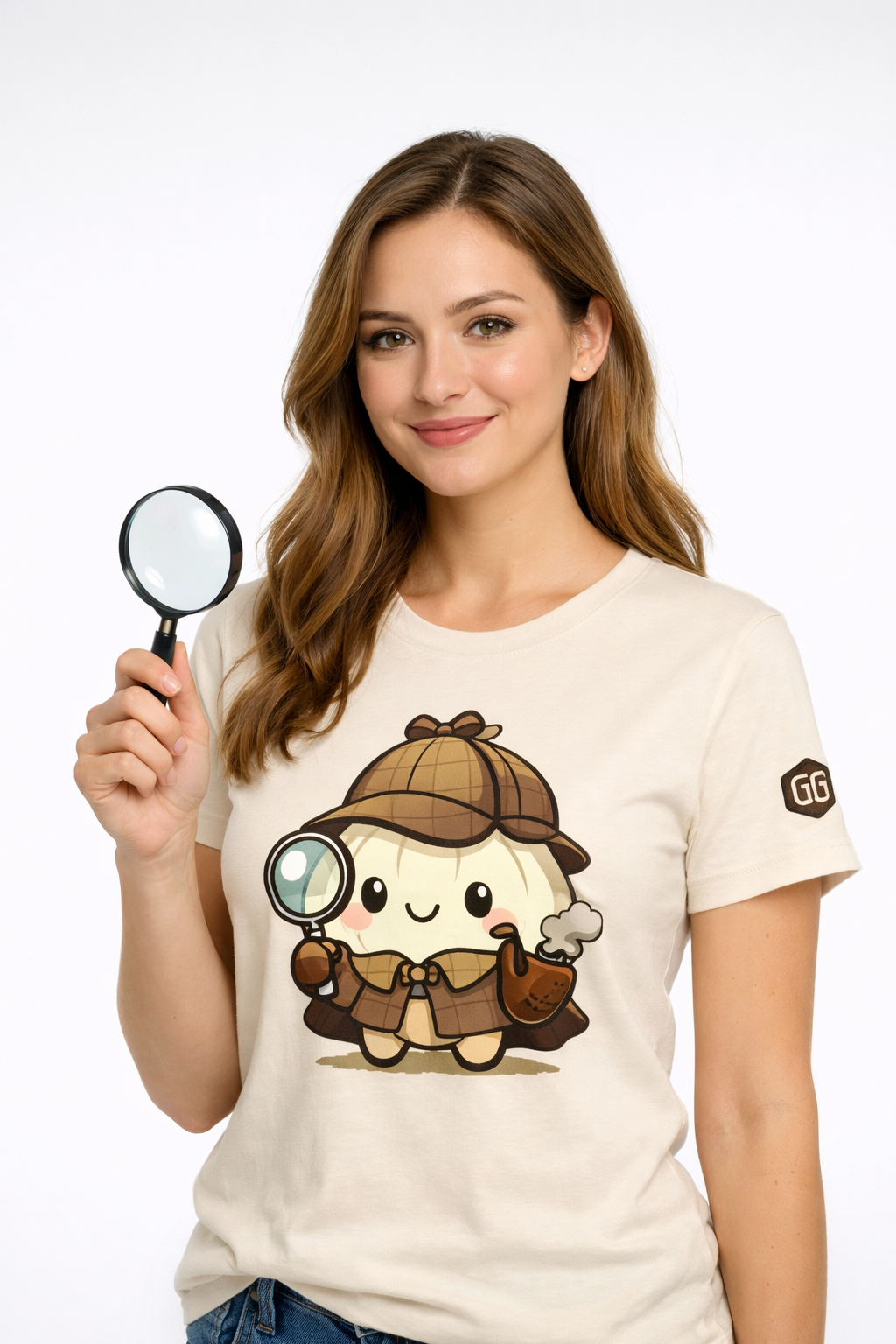 model:4:f | Garlic Detective T-Shirt – Modelfoto in Natur – Frau