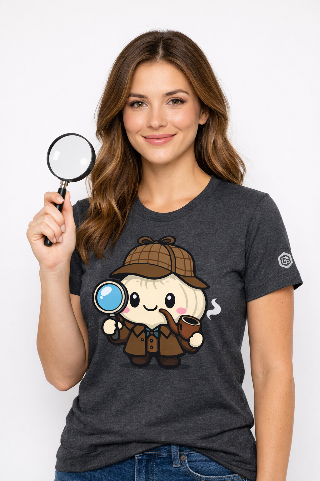 model:6:f | Garlic Detective T-Shirt – Modelfoto in Dunkelmeliert – Frau