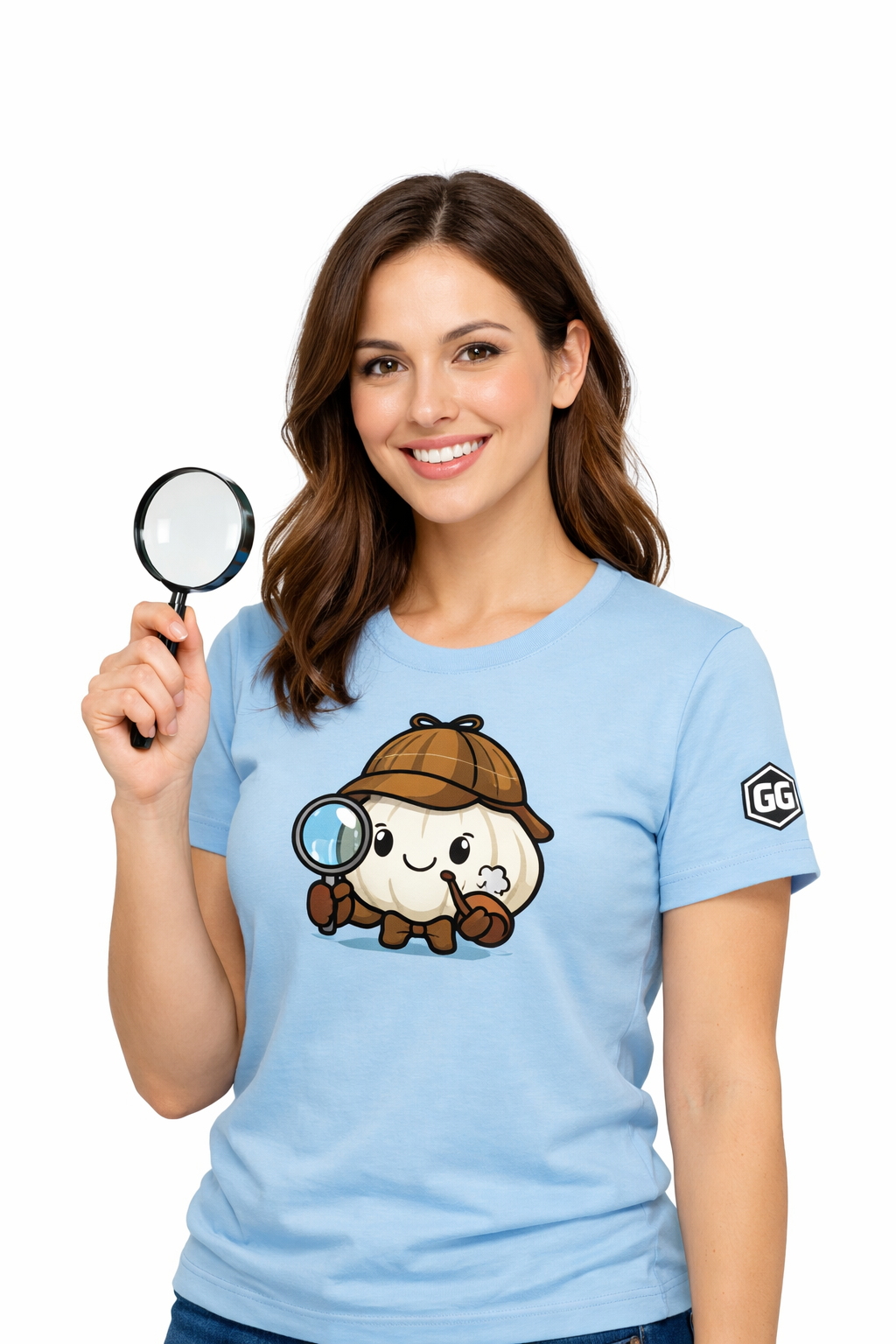 model:7:f | Garlic Detective T-Shirt – Modelfoto in Hellblau – Frau