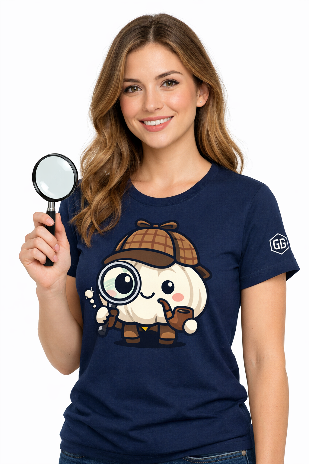 model:9:f | Garlic Detective T-Shirt – Modelfoto in Navy – Frau