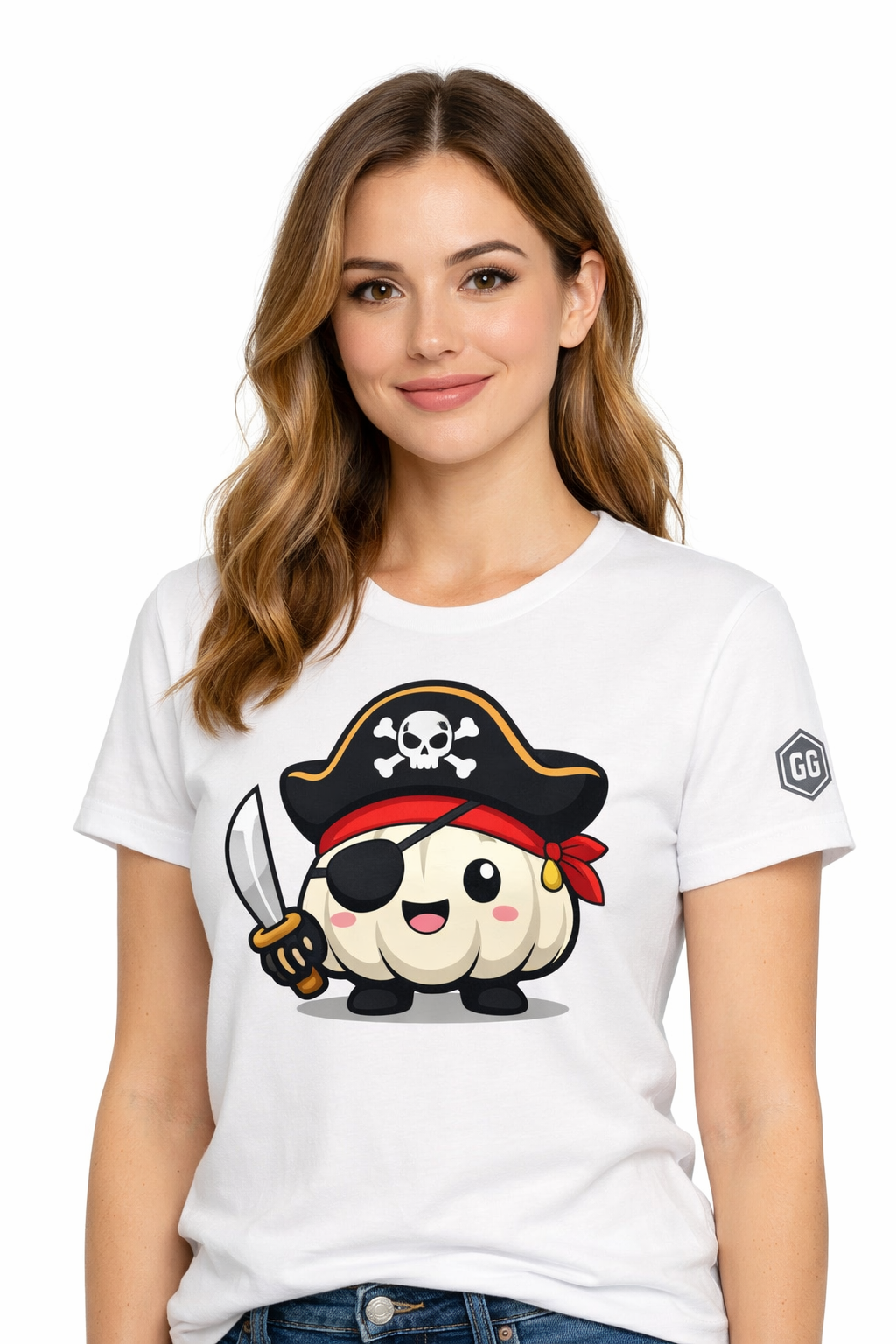 model:0:f | Garlic Pirate T-Shirt – Modelfoto in Weiß – Frau