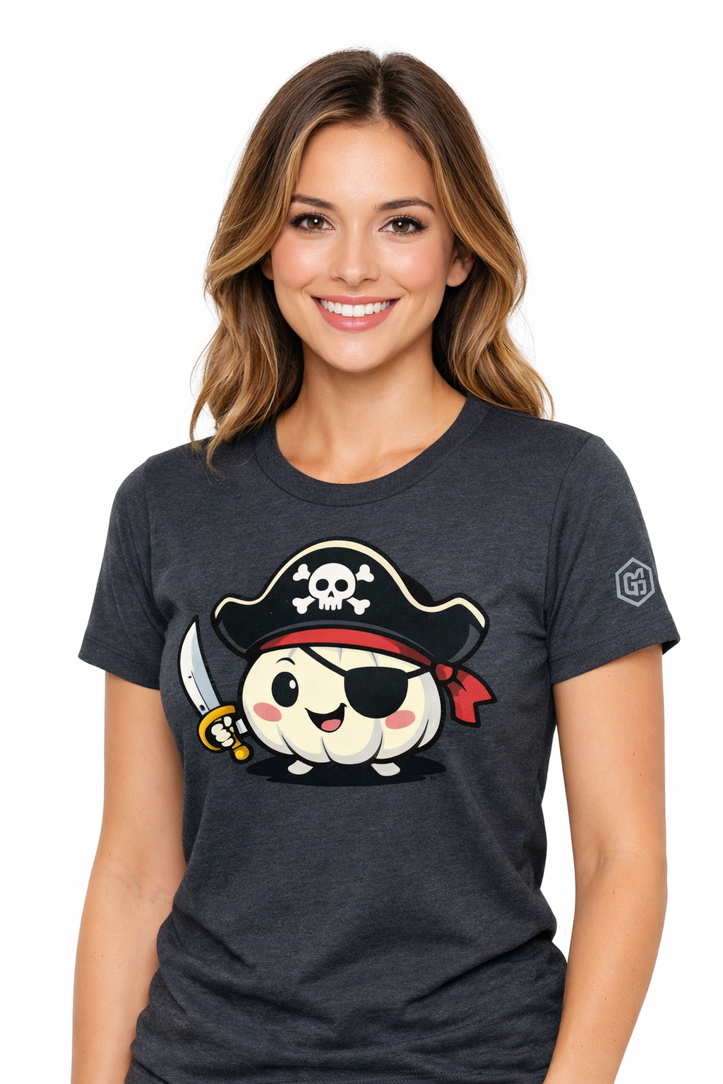 model:6:f | Garlic Pirate T-Shirt – Modelfoto in Dunkelmeliert – Frau