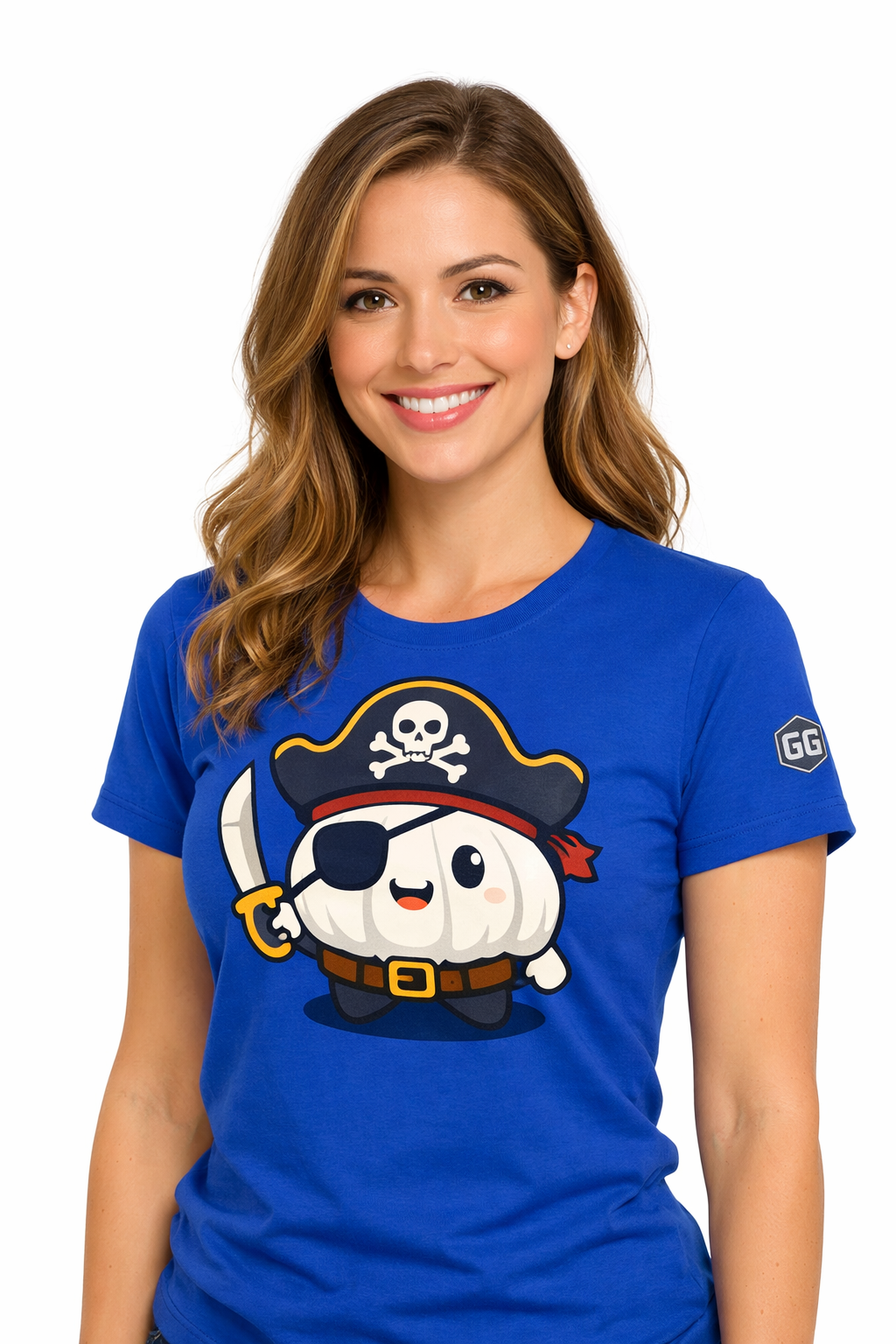 model:8:f | Garlic Pirate T-Shirt – Modelfoto in Royalblau – Frau