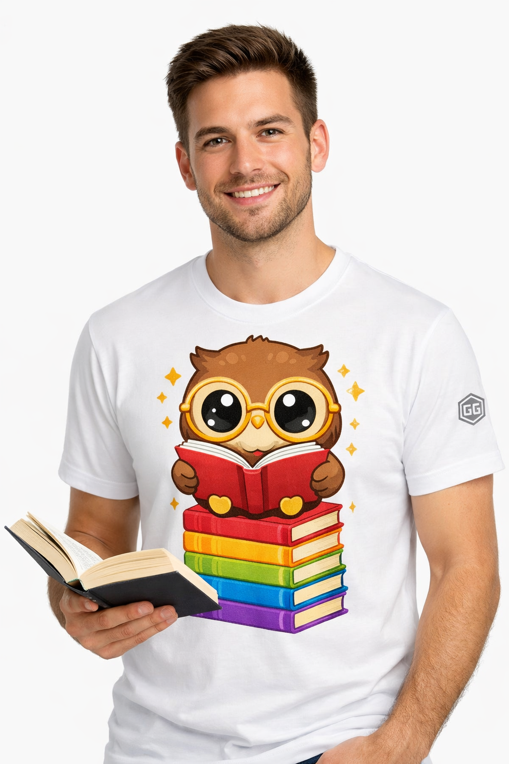 model:0:m | Bookworm Owl T-Shirt – Modelfoto in Weiß – Mann