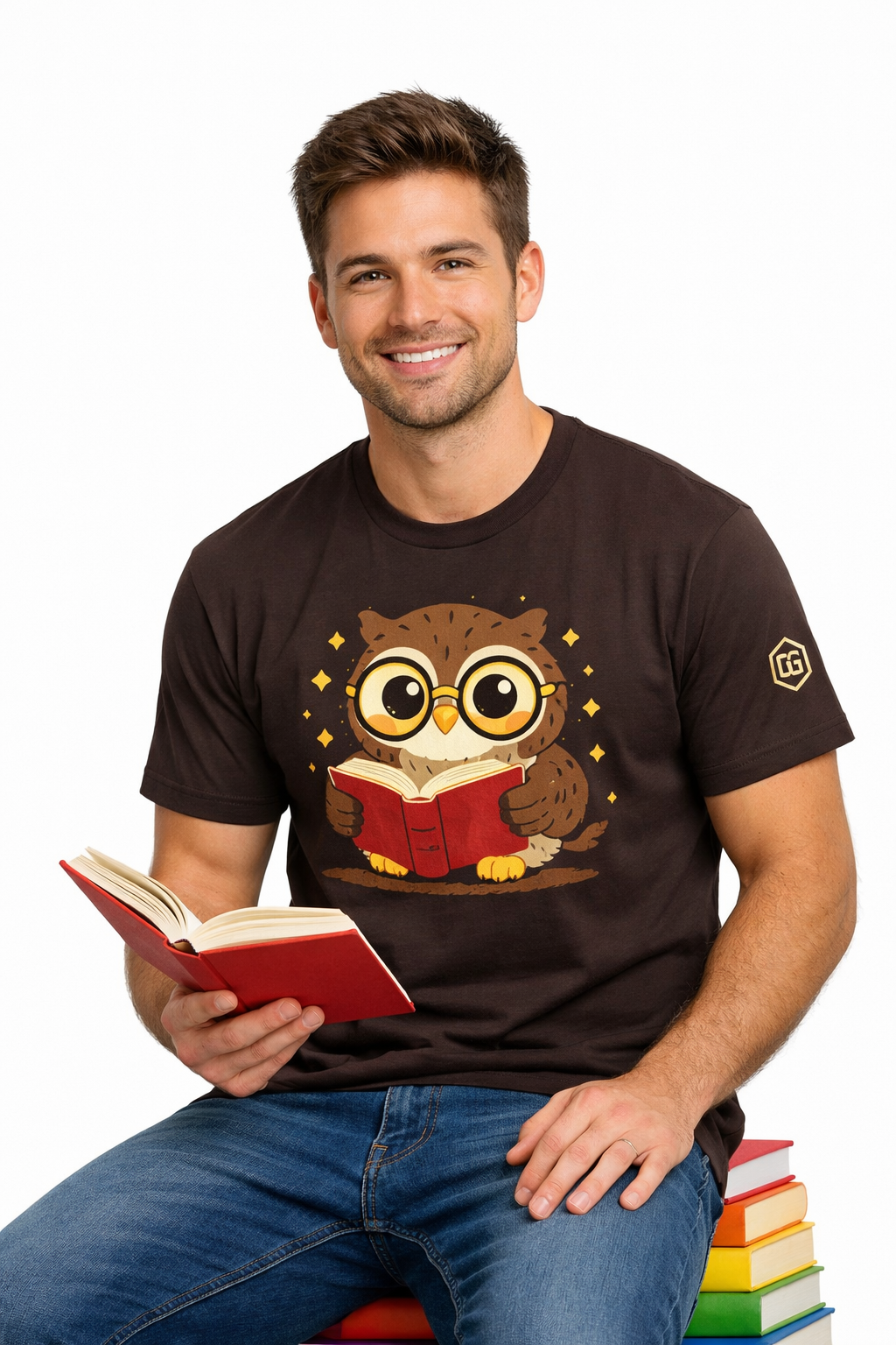 model:3:m | Bookworm Owl T-Shirt – Modelfoto in Dunkelbraun – Mann