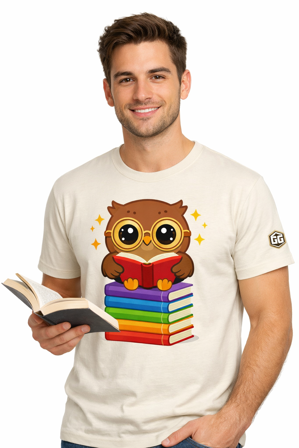 model:4:m | Bookworm Owl T-Shirt – Modelfoto in Natur – Mann