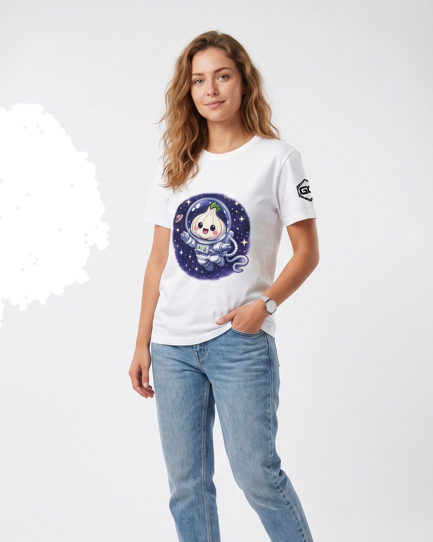 model:0:f | Knoblauch Astronaut T-Shirt – Model photo in White – Woman