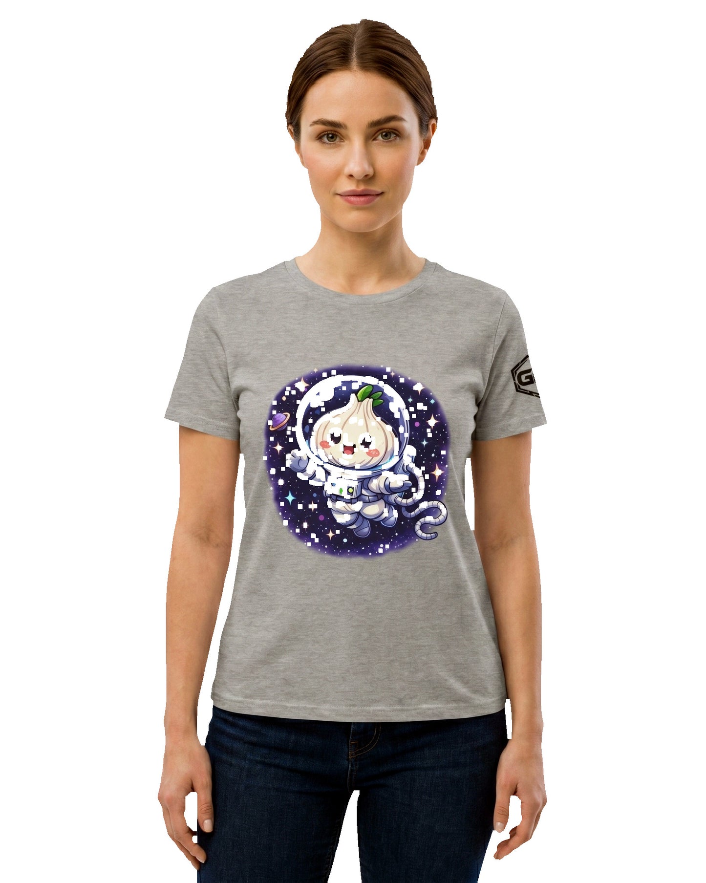 model:2:f | Knoblauch Astronaut T-Shirt – Model photo in Sport Grey – Woman