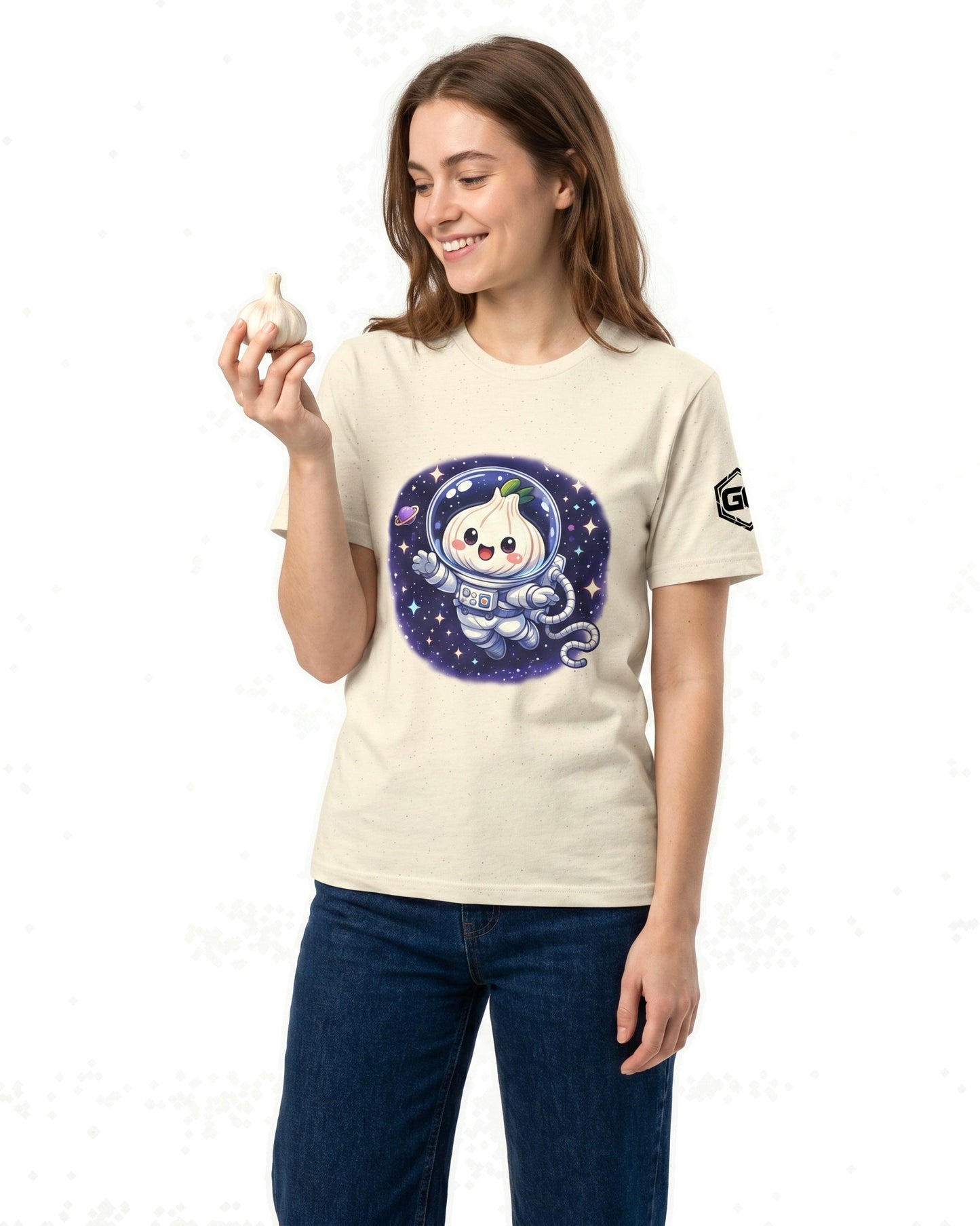 model:4:f | Knoblauch Astronaut T-Shirt – Model photo in Natural – Woman