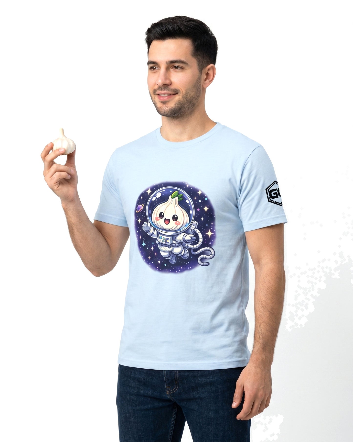 model:7:m | Knoblauch Astronaut T-Shirt – Model photo in Light Blue – Man