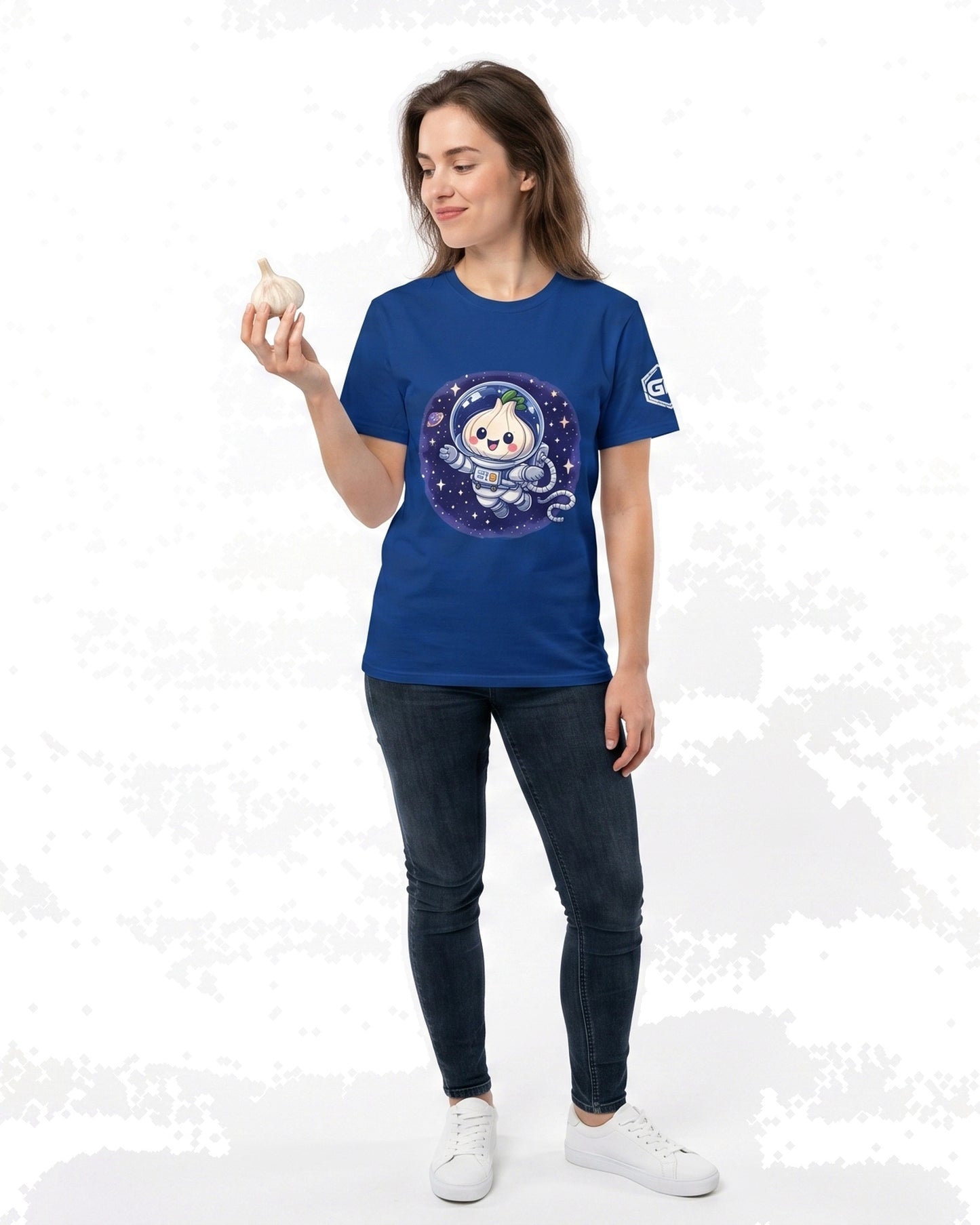 model:8:f | Knoblauch Astronaut T-Shirt – Model photo in Royal – Woman