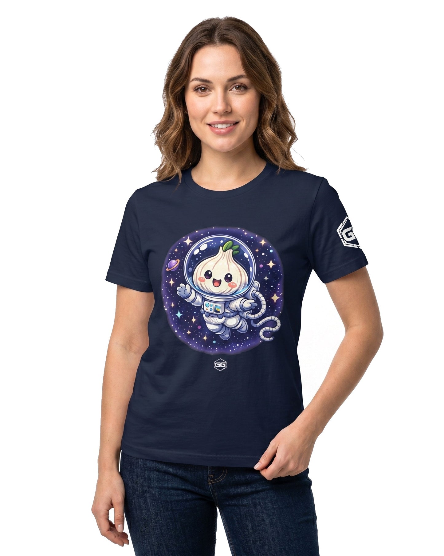 model:9:f | Knoblauch Astronaut T-Shirt – Model photo in Navy – Woman