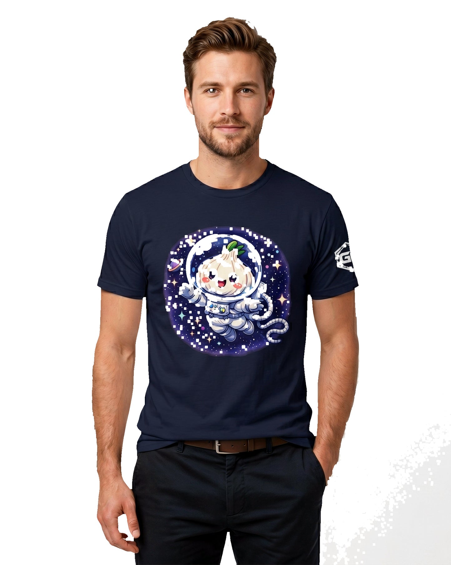 model:9:m | Knoblauch Astronaut T-Shirt – Model photo in Navy – Man