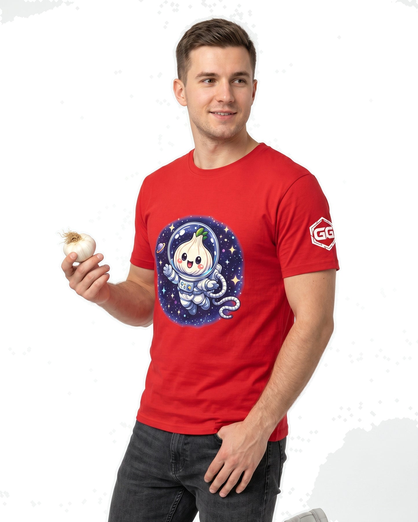 model:10:m | Knoblauch Astronaut T-Shirt – Model photo in Red – Man