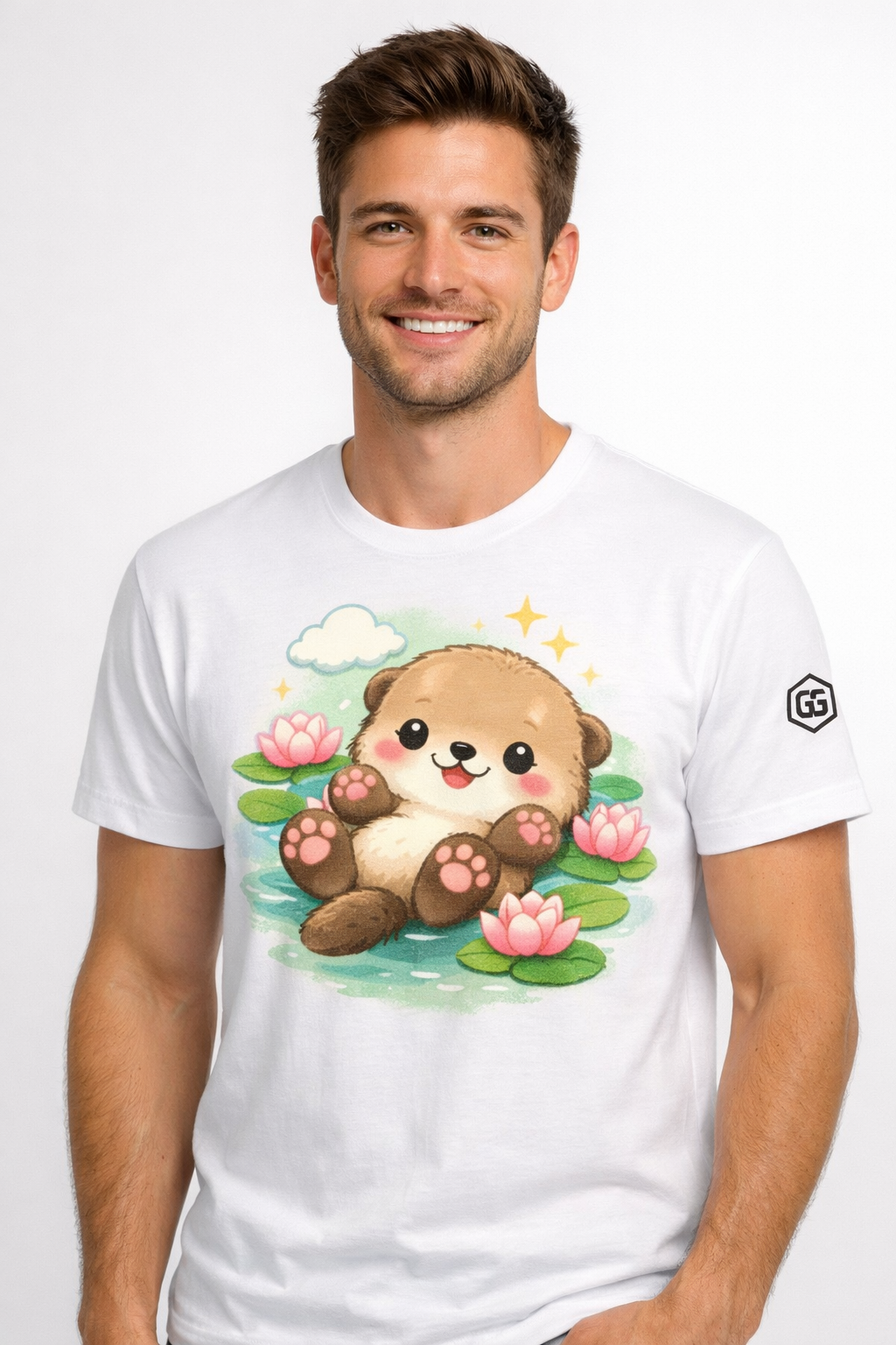 model:0:m | Otter in the River T-Shirt – Modelfoto in Weiß – Mann