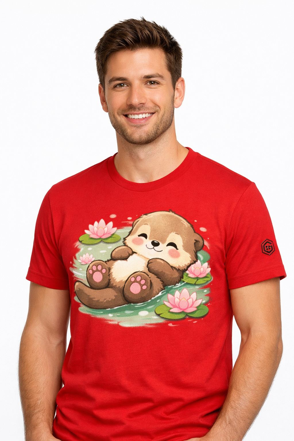 model:10:m | Otter in the River T-Shirt – Modelfoto in Rot – Mann