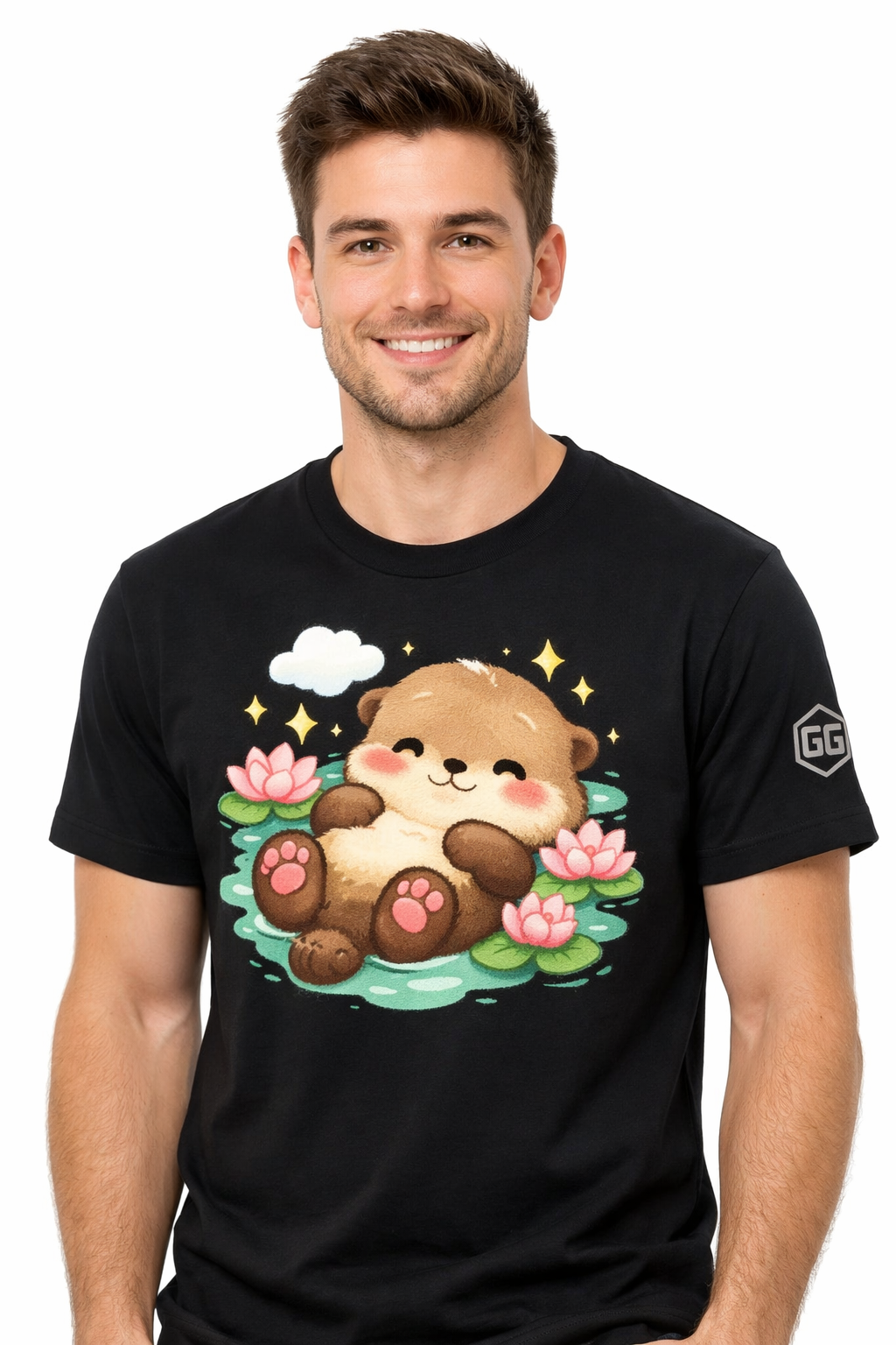 model:1:m | Otter in the River T-Shirt – Modelfoto in Schwarz – Mann
