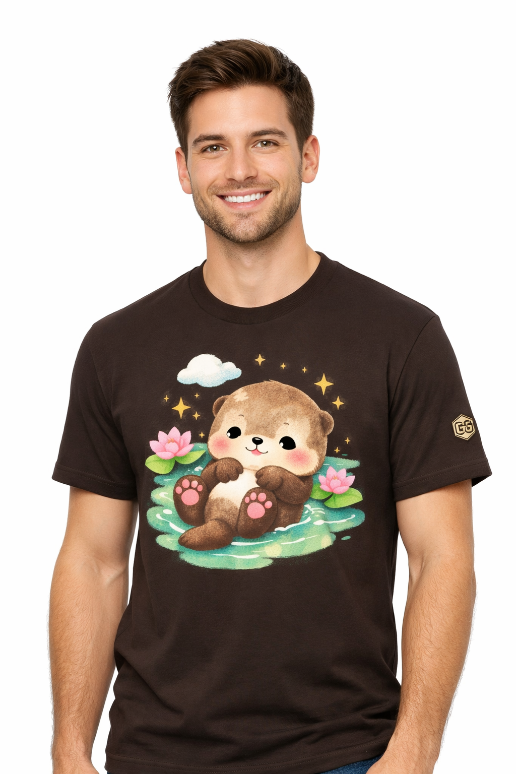 model:3:m | Otter in the River T-Shirt – Modelfoto in Dunkelbraun – Mann